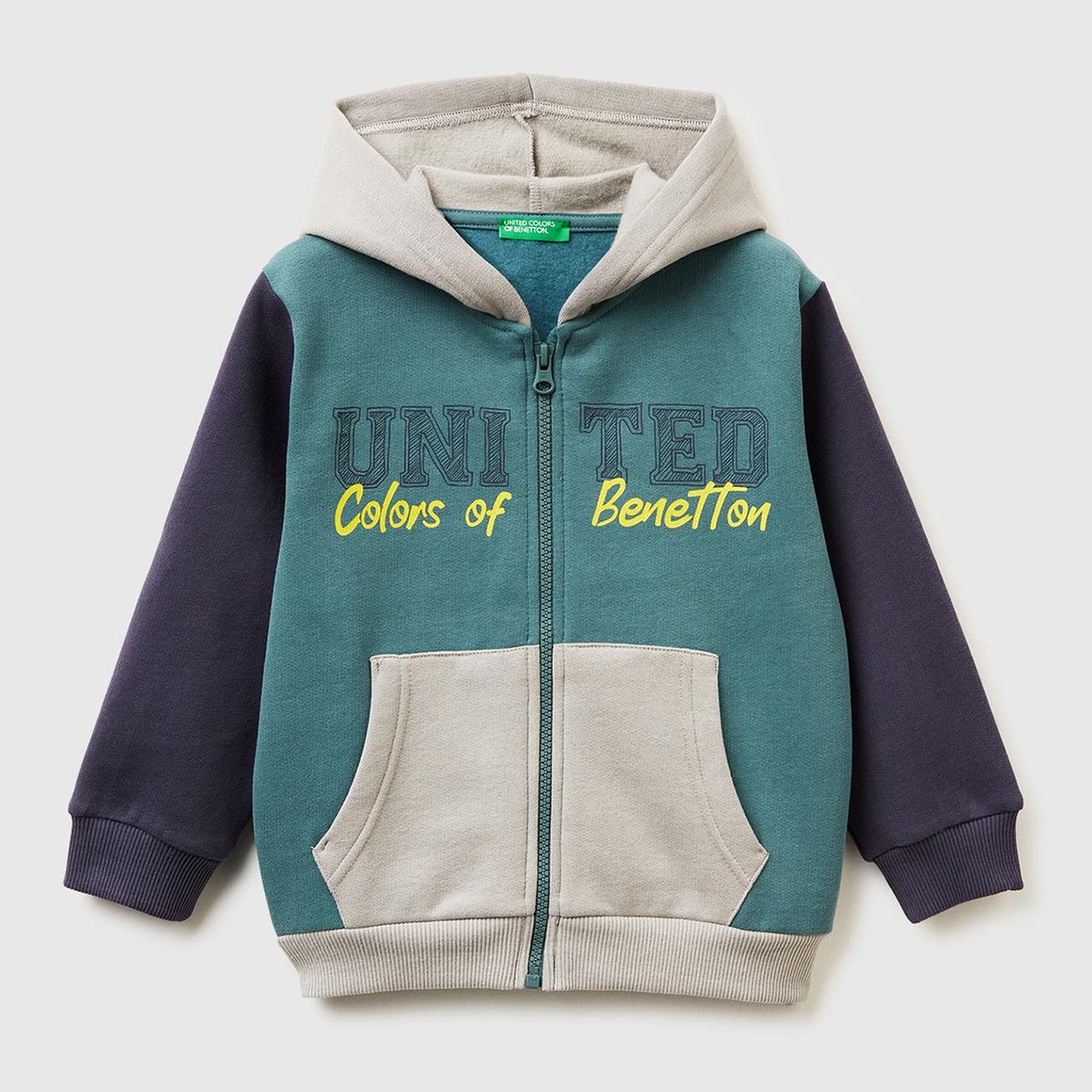 Erkek Çocuk Koyu Yeşil-Gri Önü Logo Baskılı Fermuarlı Regular Fit Kapüşonlu Sweatshirt