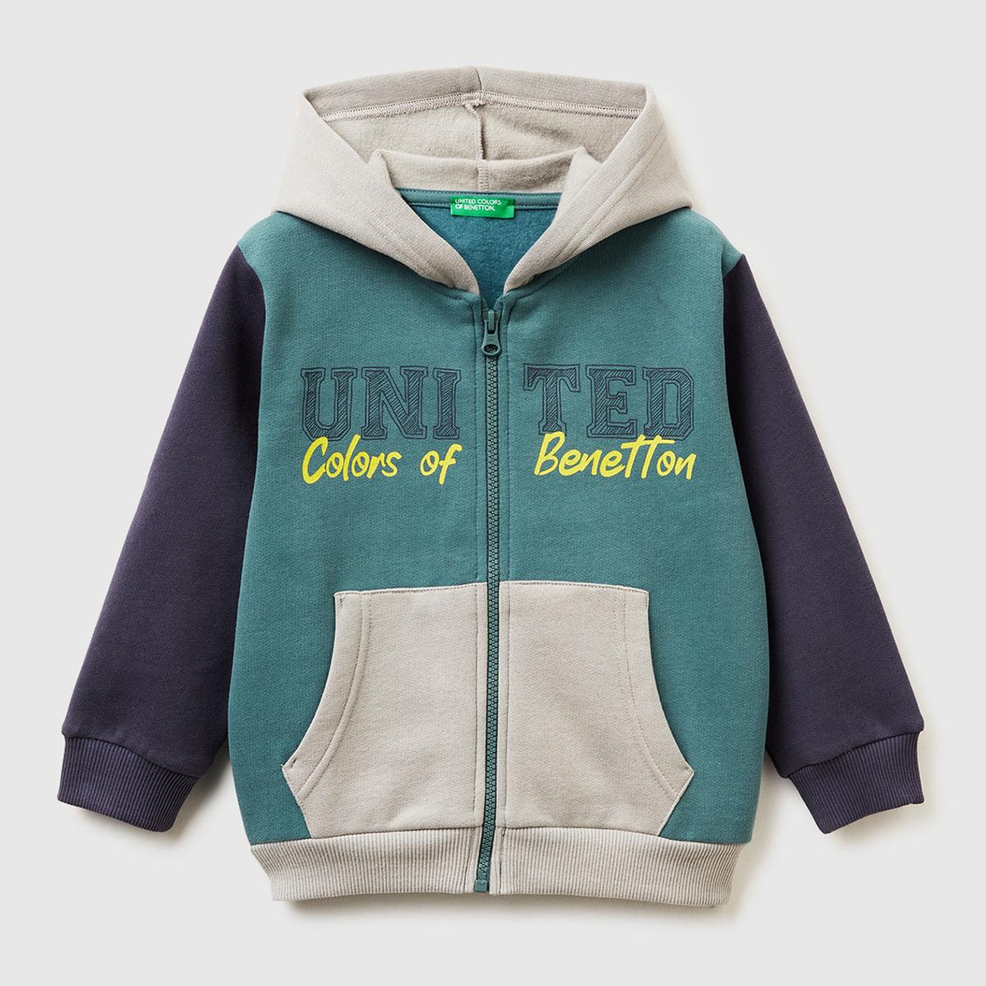 Erkek Çocuk Koyu Yeşil-Gri Önü Logo Baskılı Fermuarlı Regular Fit Kapüşonlu Sweatshirt