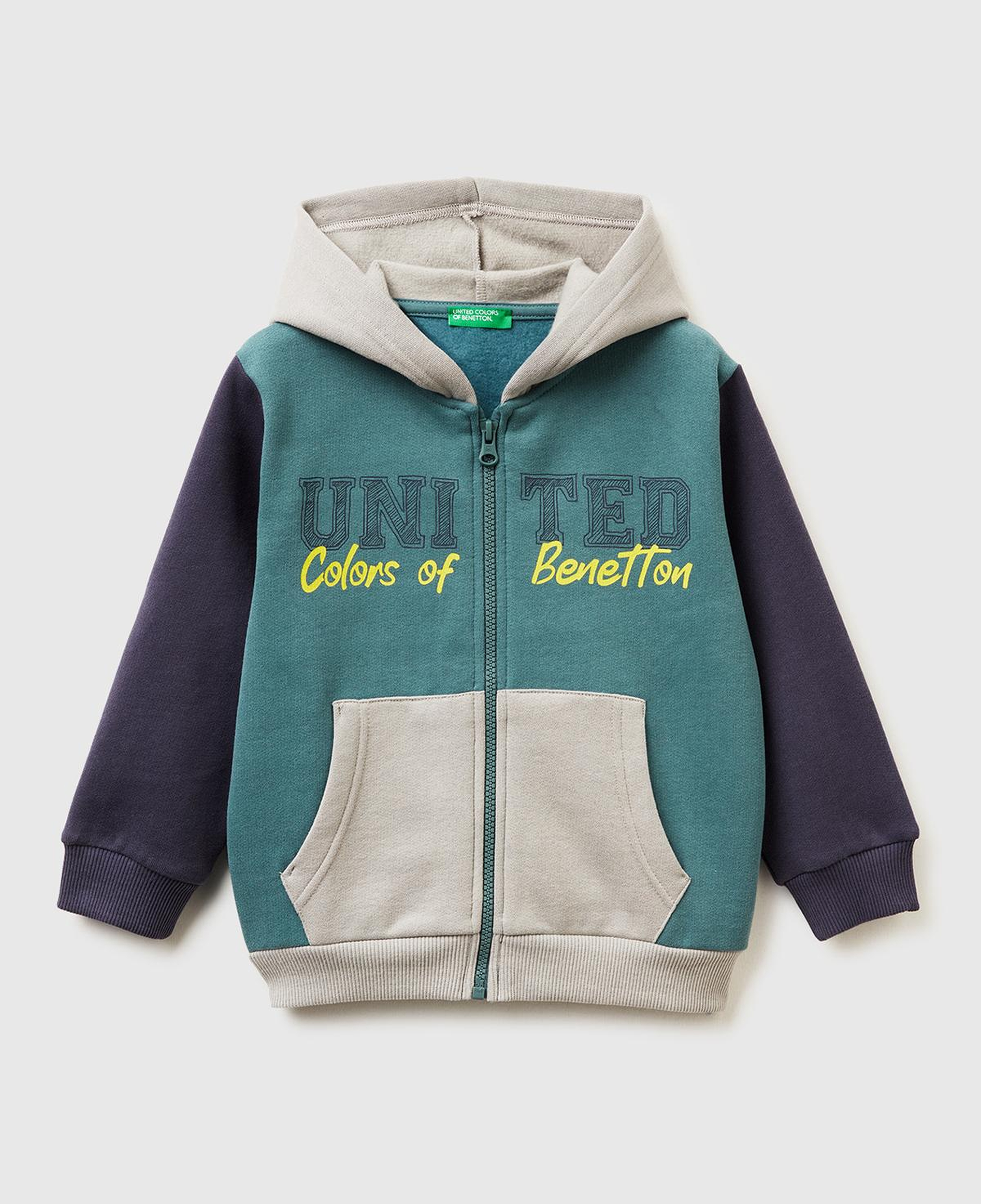 Erkek Çocuk Koyu Yeşil-Gri Önü Logo Baskılı Fermuarlı Regular Fit Kapüşonlu Sweatshirt
