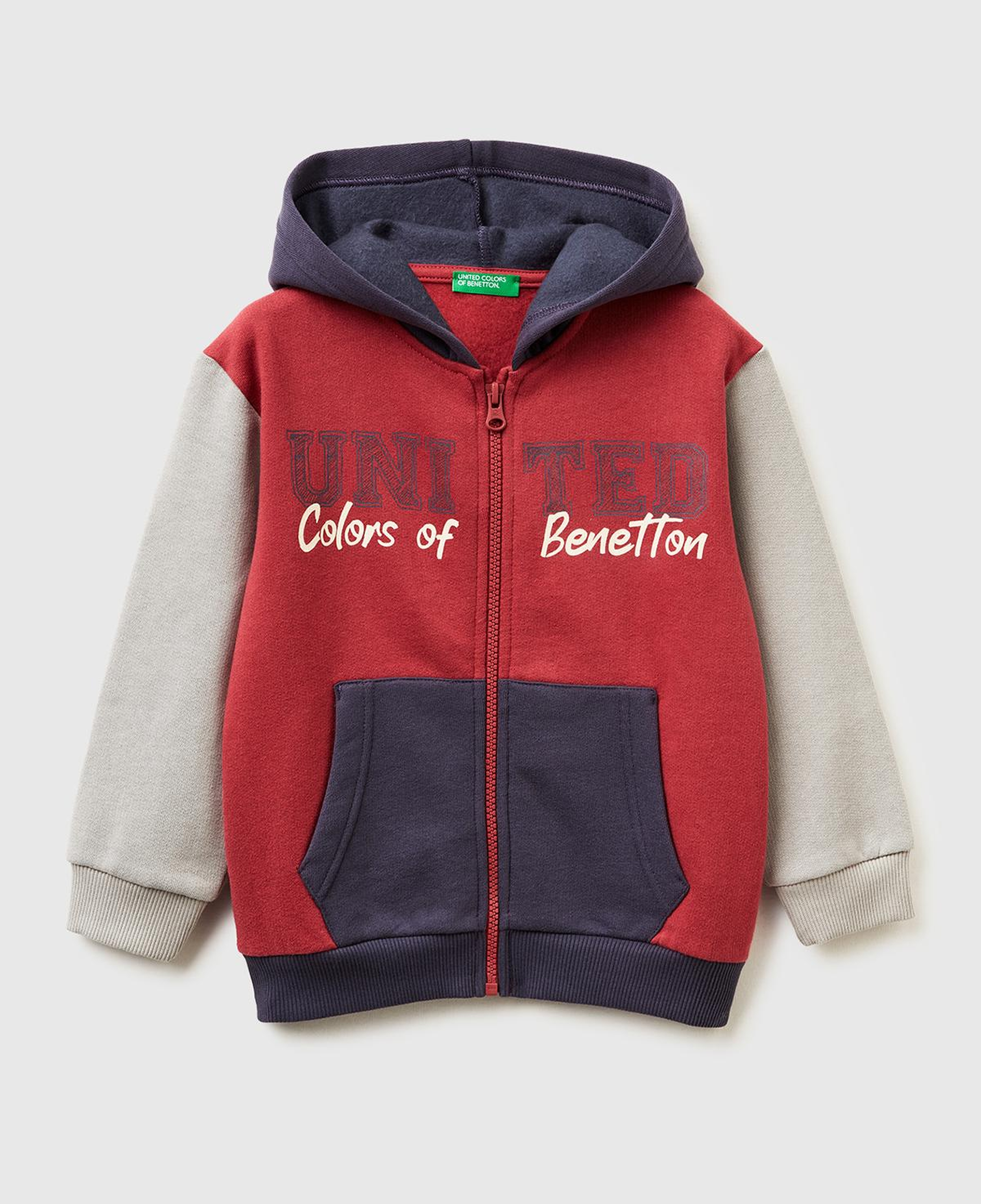 Erkek Çocuk Bordo-Gri Önü Logo Baskılı Fermuarlı Regular Fit Kapüşonlu Sweatshirt