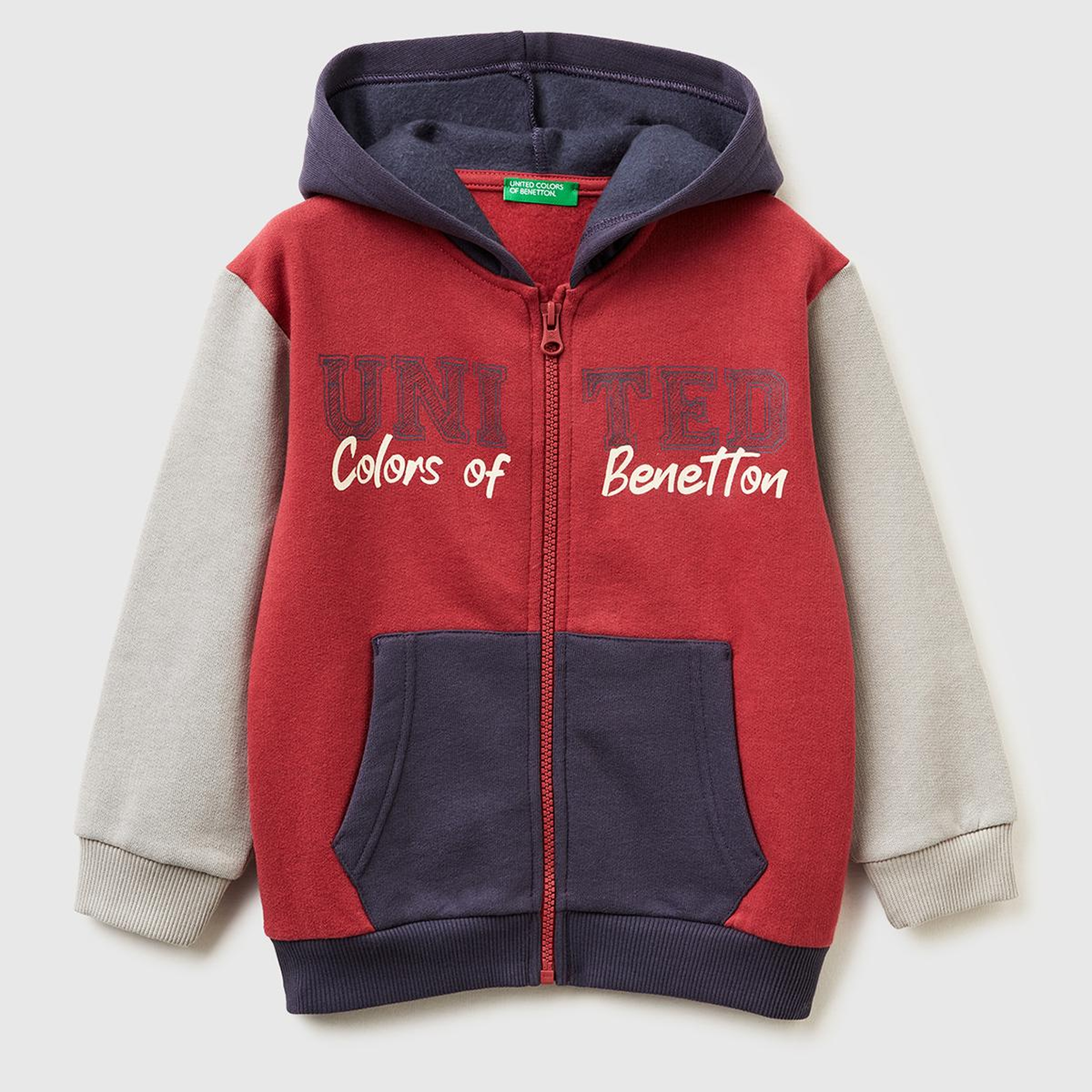 Erkek Çocuk Bordo-Gri Önü Logo Baskılı Fermuarlı Regular Fit Kapüşonlu Sweatshirt