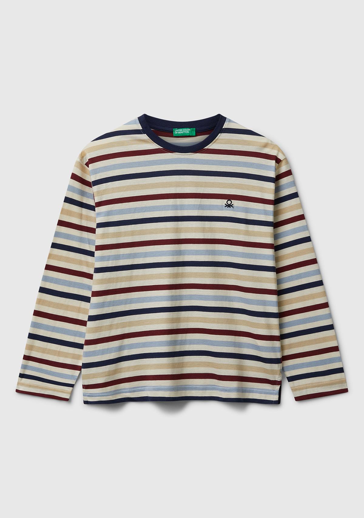 Erkek Çocuk Çok Remkli Çizgili Logo Detaylı Nervürlü Uzun Kollu T-shirt
