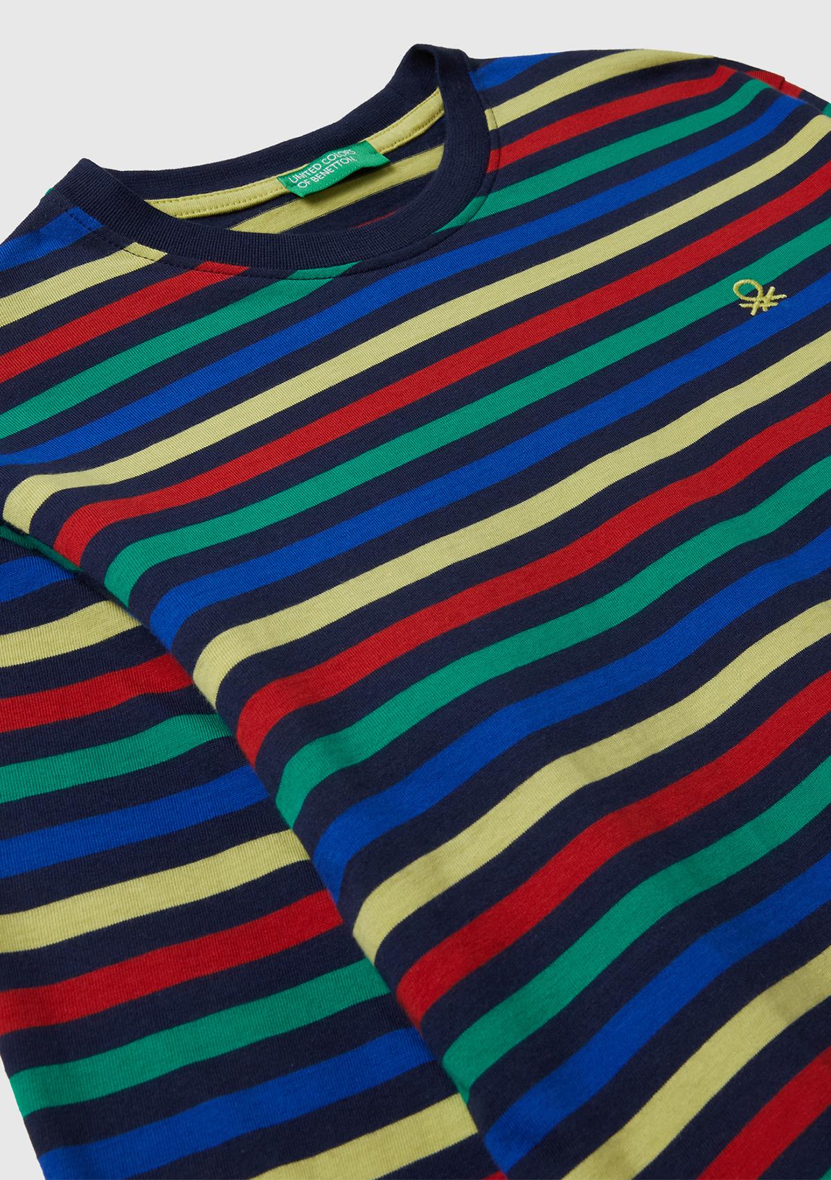 Erkek Çocuk Siyah Mix Çizgili Logo Detaylı Nervürlü Uzun Kollu T-shirt