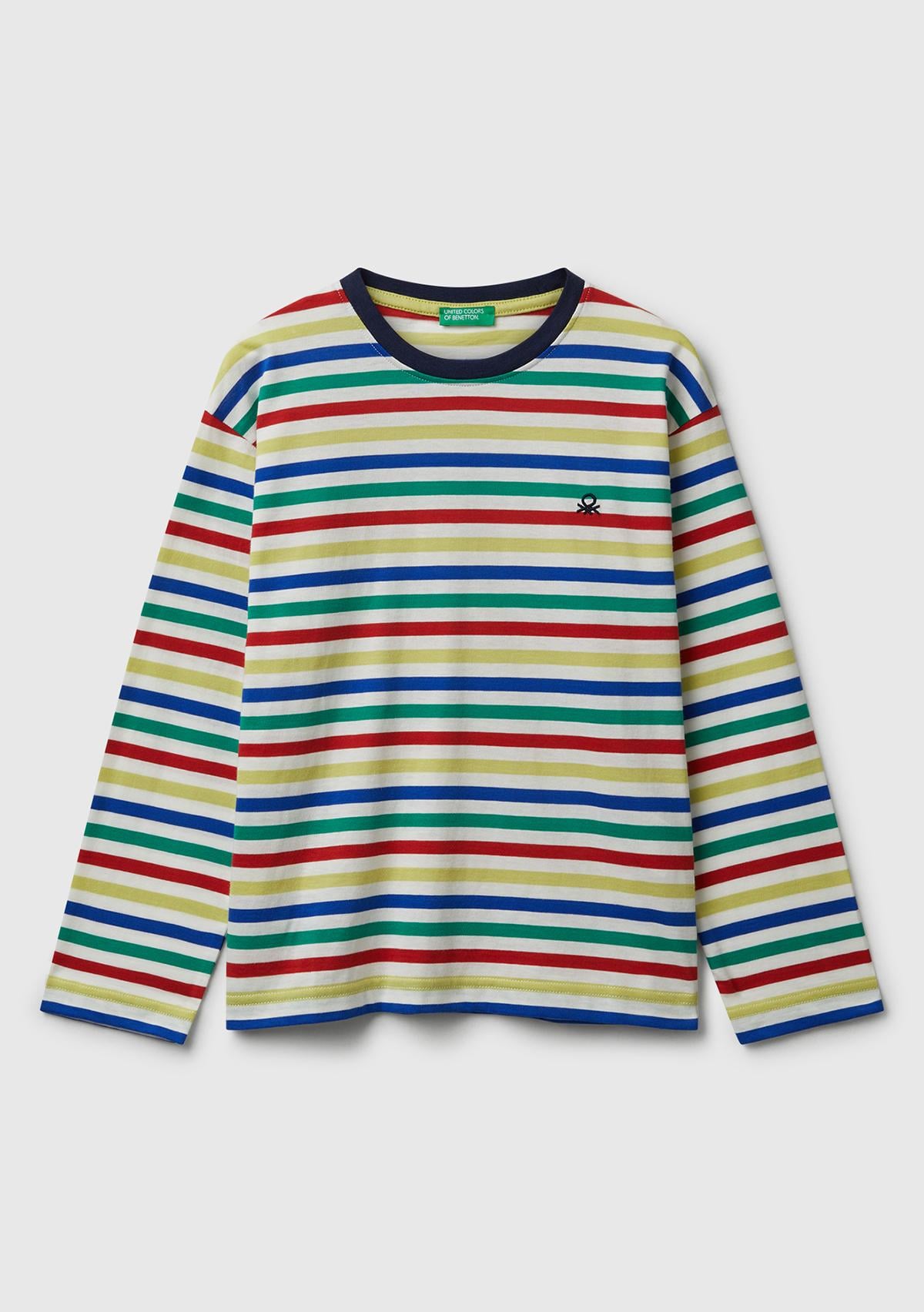 Erkek Çocuk Beyaz Mix Çizgili Logo Detaylı Nervürlü Uzun Kollu T-shirt