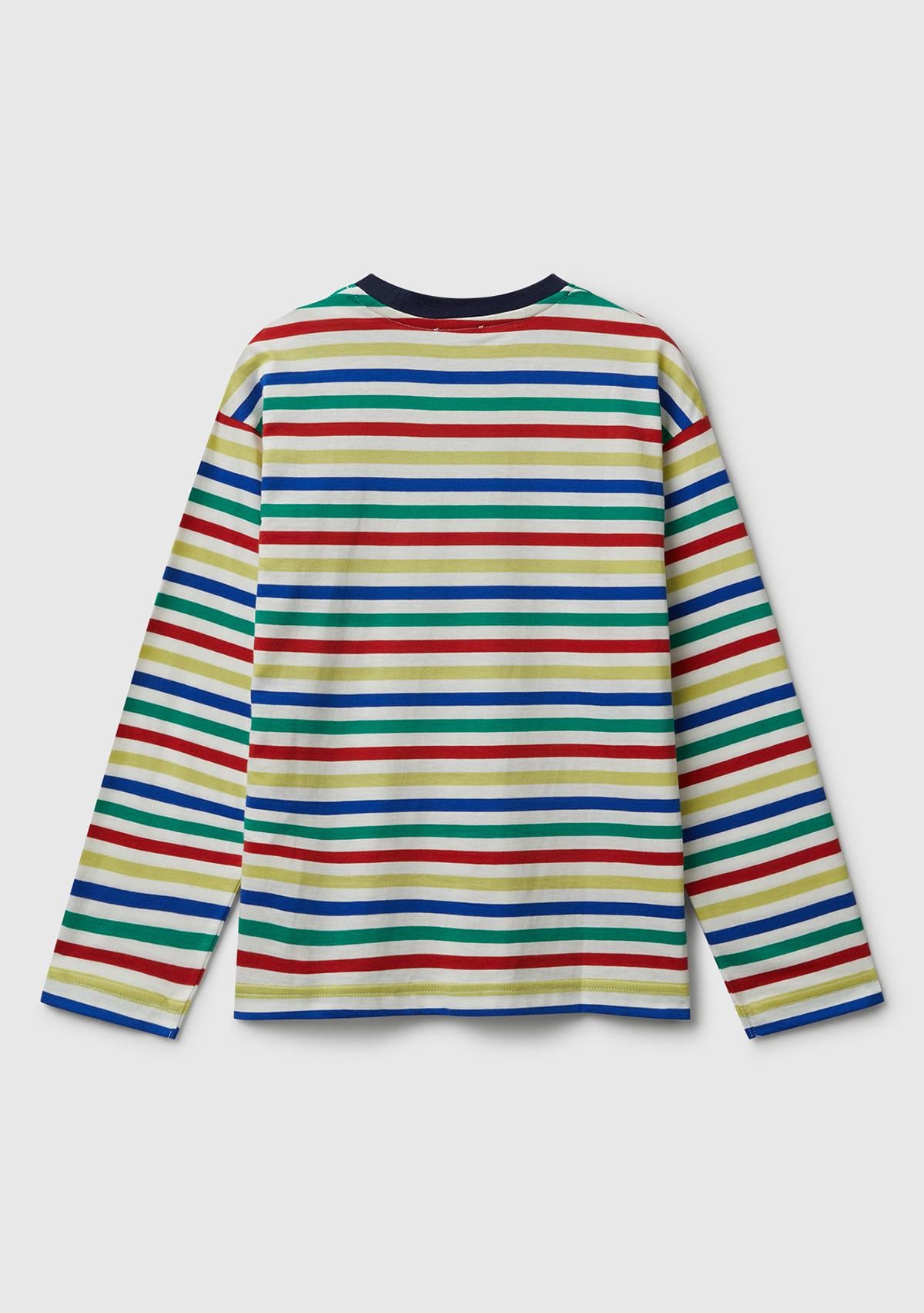 Erkek Çocuk Beyaz Mix Çizgili Logo Detaylı Nervürlü Uzun Kollu T-shirt