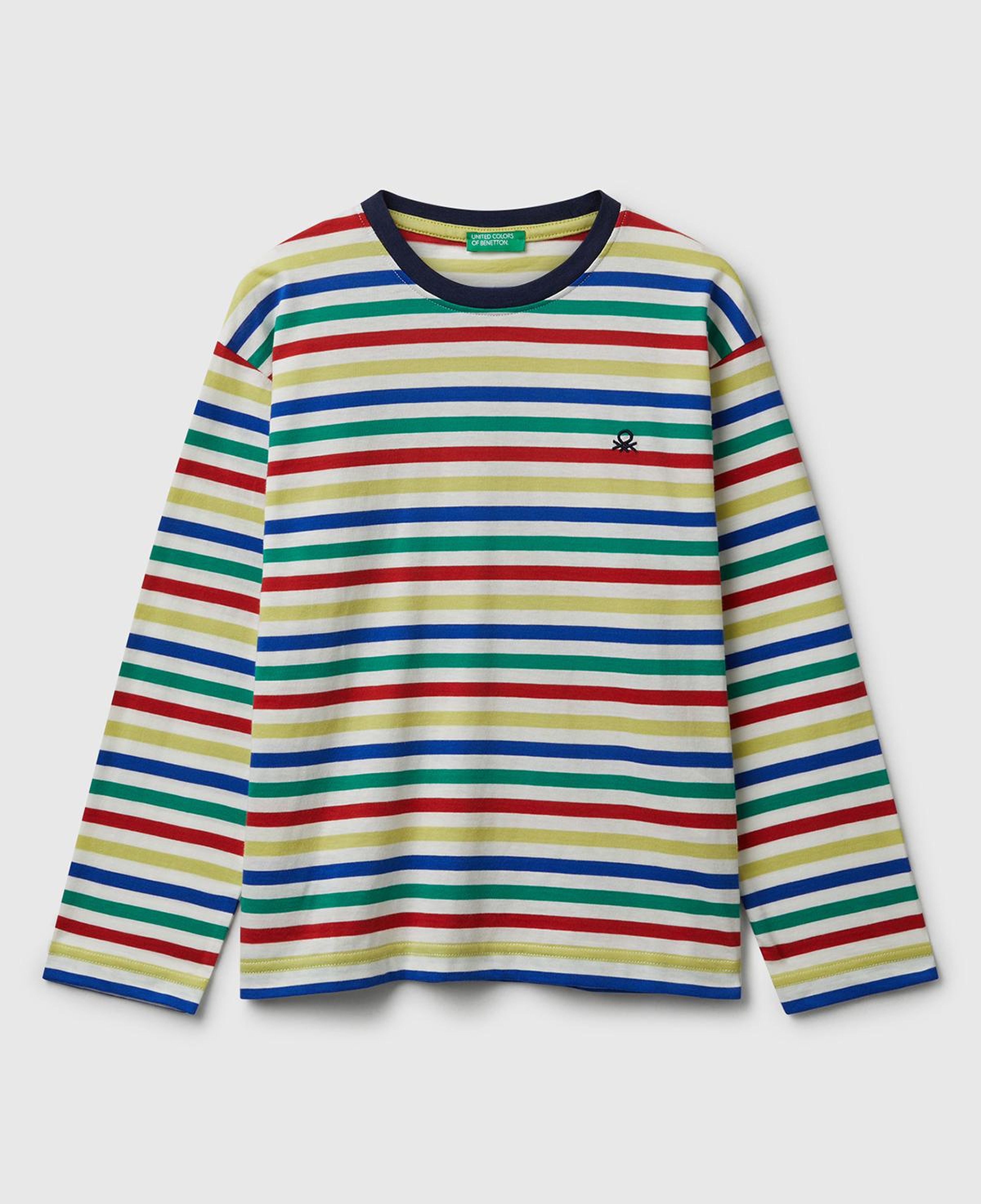 Erkek Çocuk Beyaz Mix Çizgili Logo Detaylı Nervürlü Uzun Kollu T-shirt