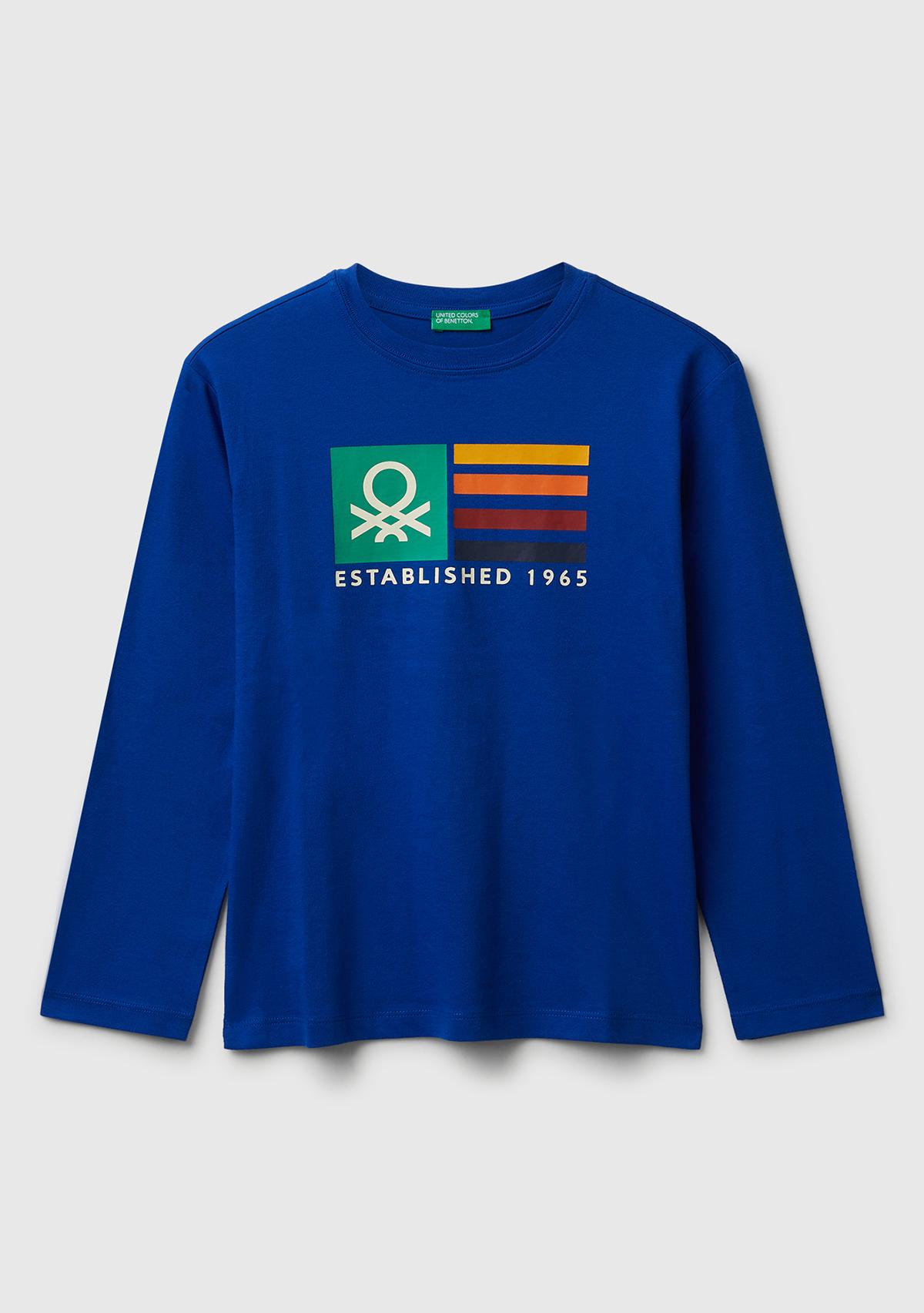 Erkek Çocuk Saks Mavisi Önü Çok Renkli Logo Baskılı Bisiklet Yaka Uzun Kollu T-Shirt