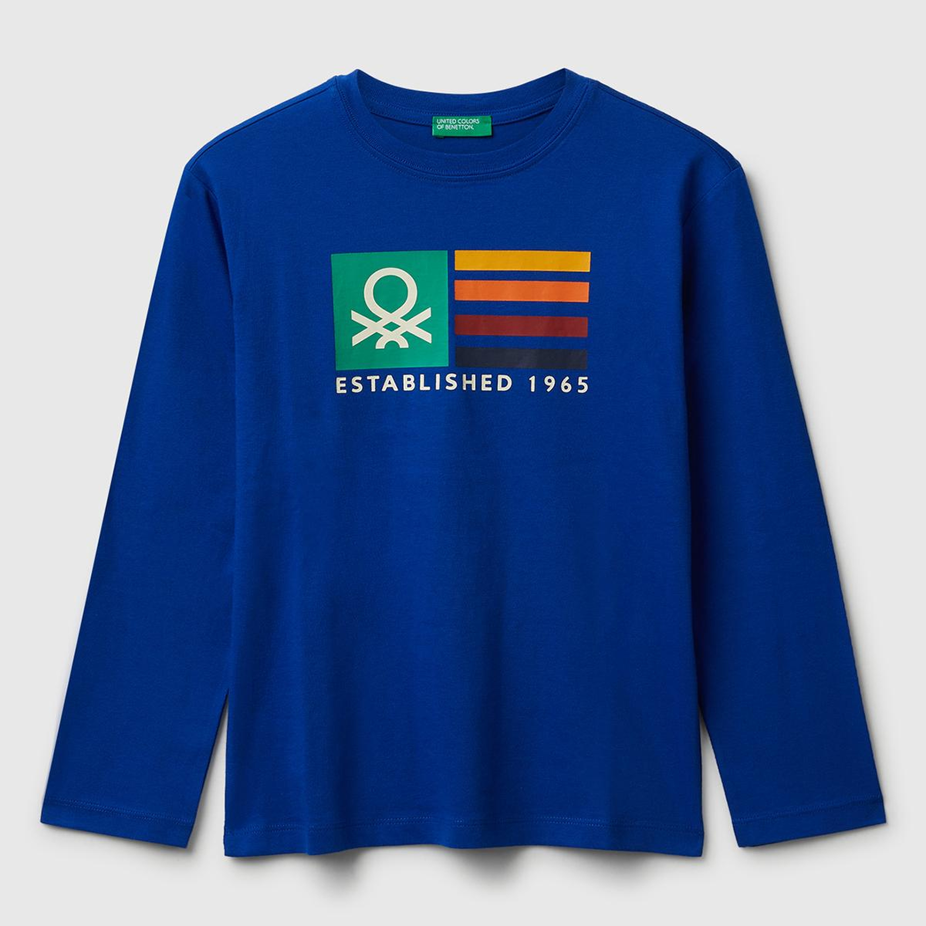 Erkek Çocuk Saks Mavisi Önü Çok Renkli Logo Baskılı Bisiklet Yaka Uzun Kollu T-Shirt