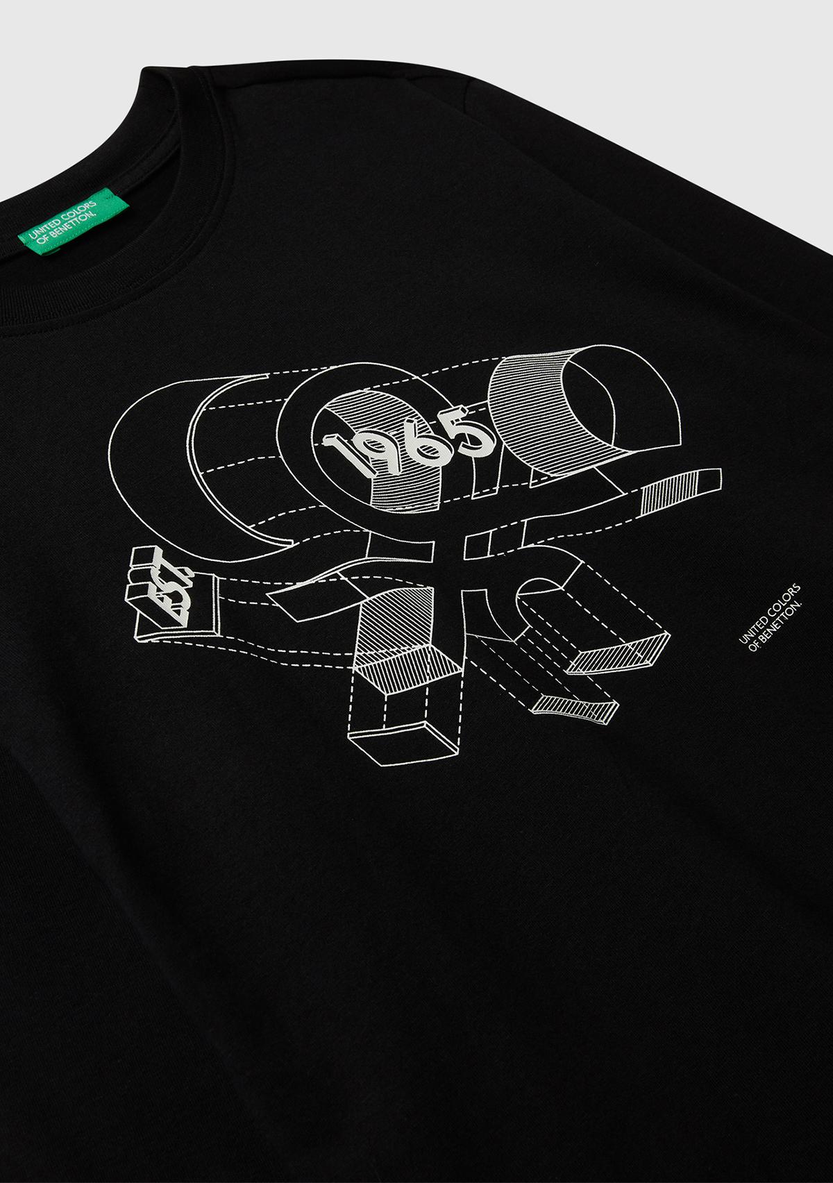 Erkek Çocuk Siyah Önü Logo Baskılı Bisiklet Yaka Uzun Kollu T-shirt