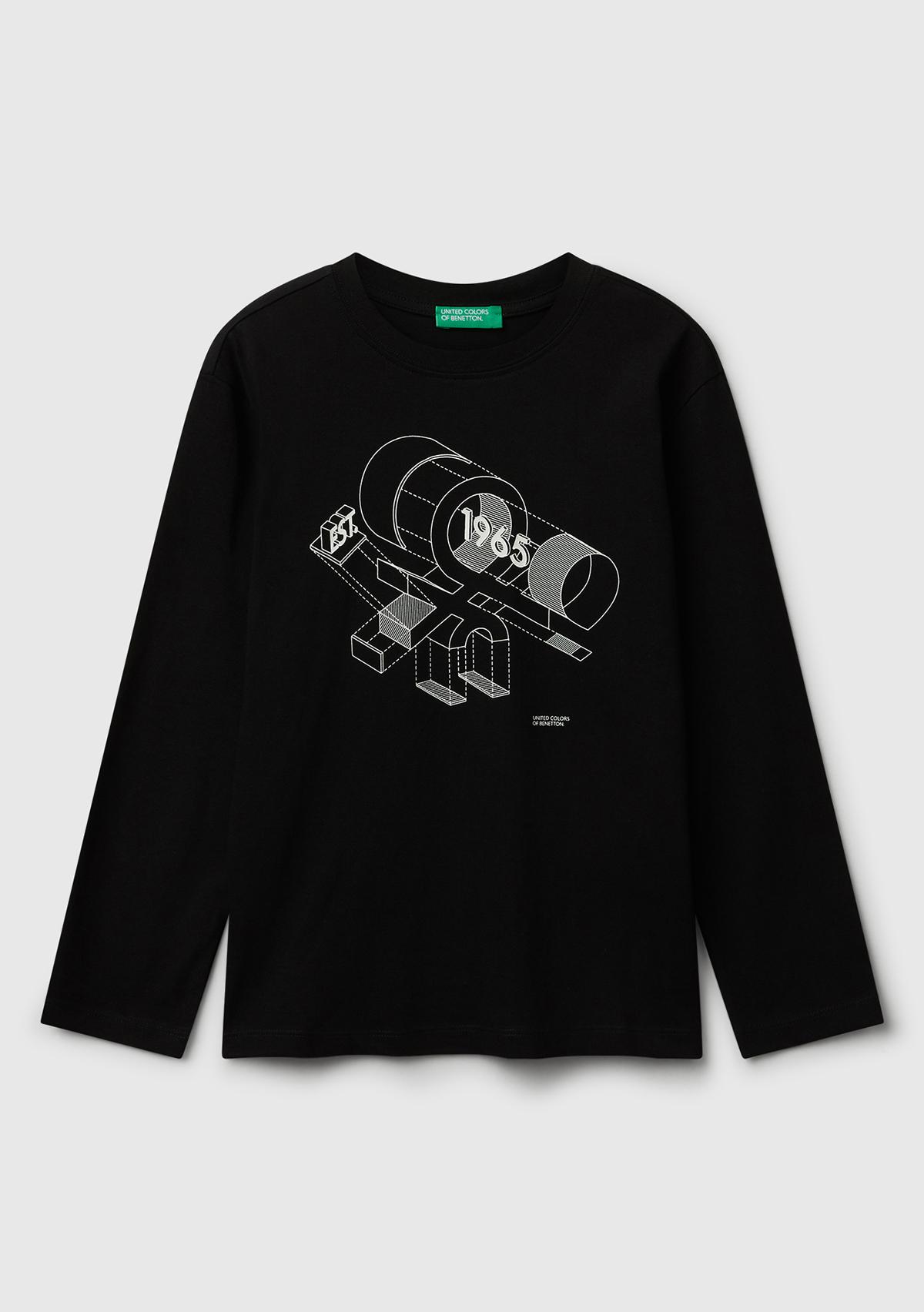 Erkek Çocuk Siyah Önü Logo Baskılı Bisiklet Yaka Uzun Kollu T-shirt