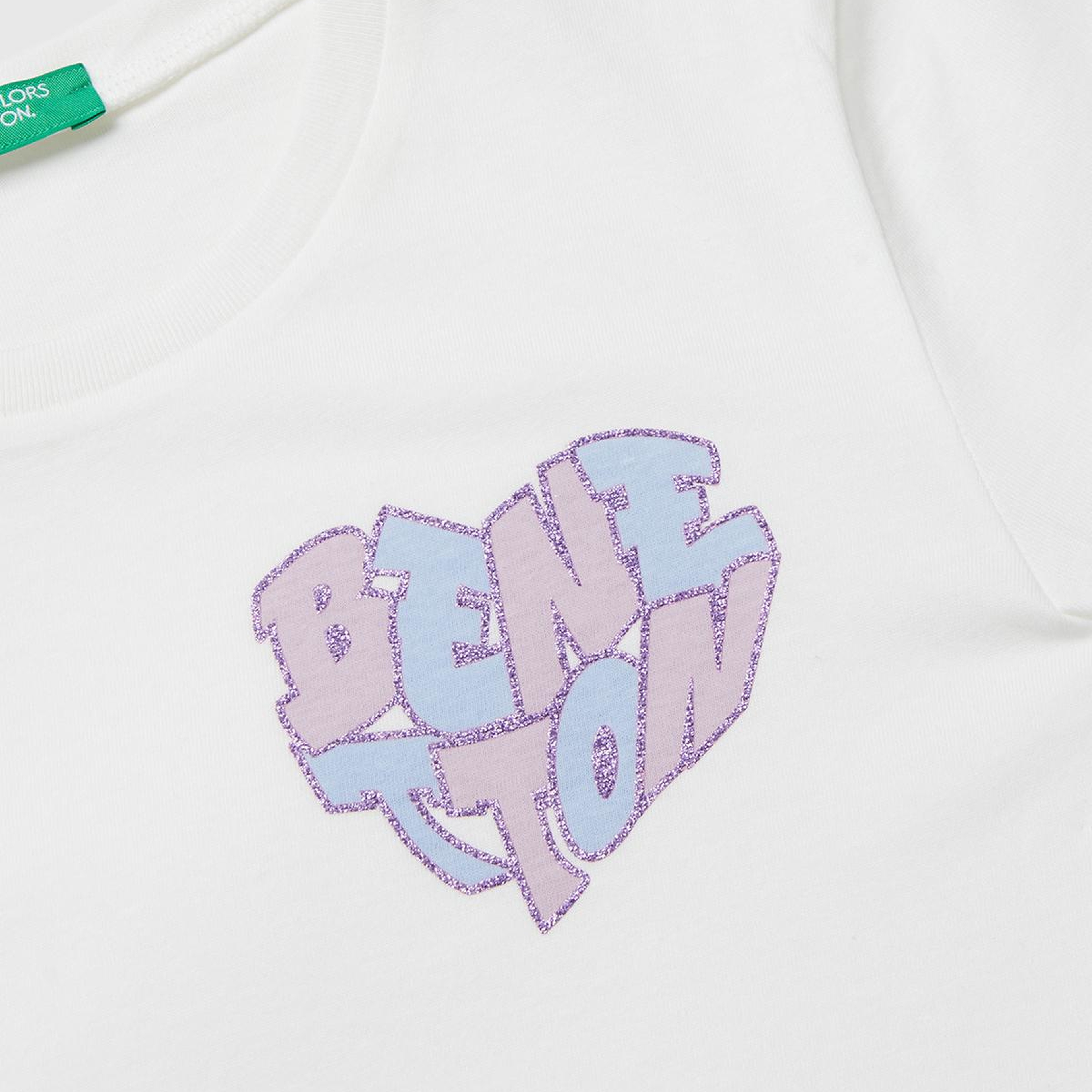 Kız Çocuk Ekru Parıltılı Logo Baskılı Ribana Yaka Regular Fit T-shirt