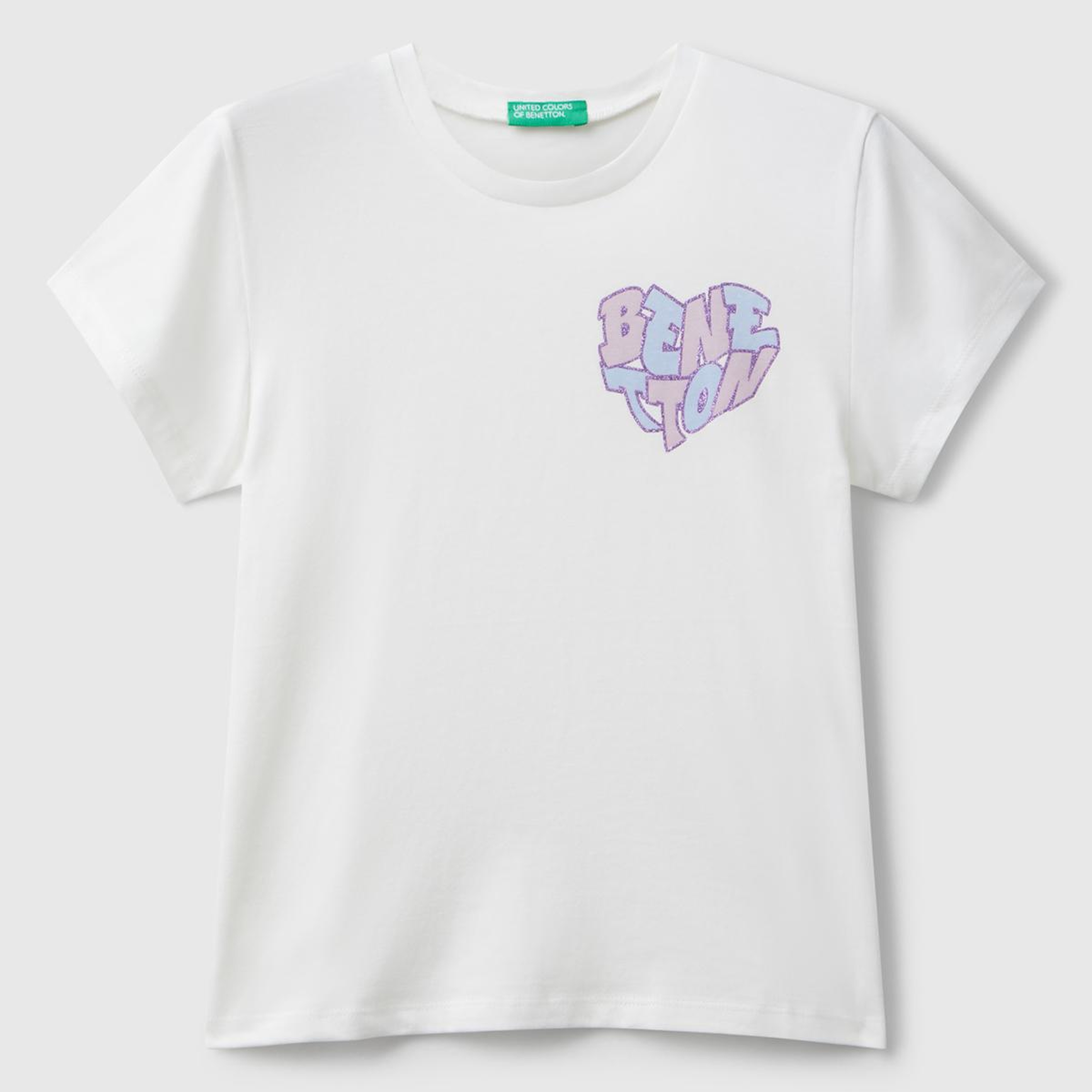 Kız Çocuk Ekru Parıltılı Logo Baskılı Ribana Yaka Regular Fit T-shirt