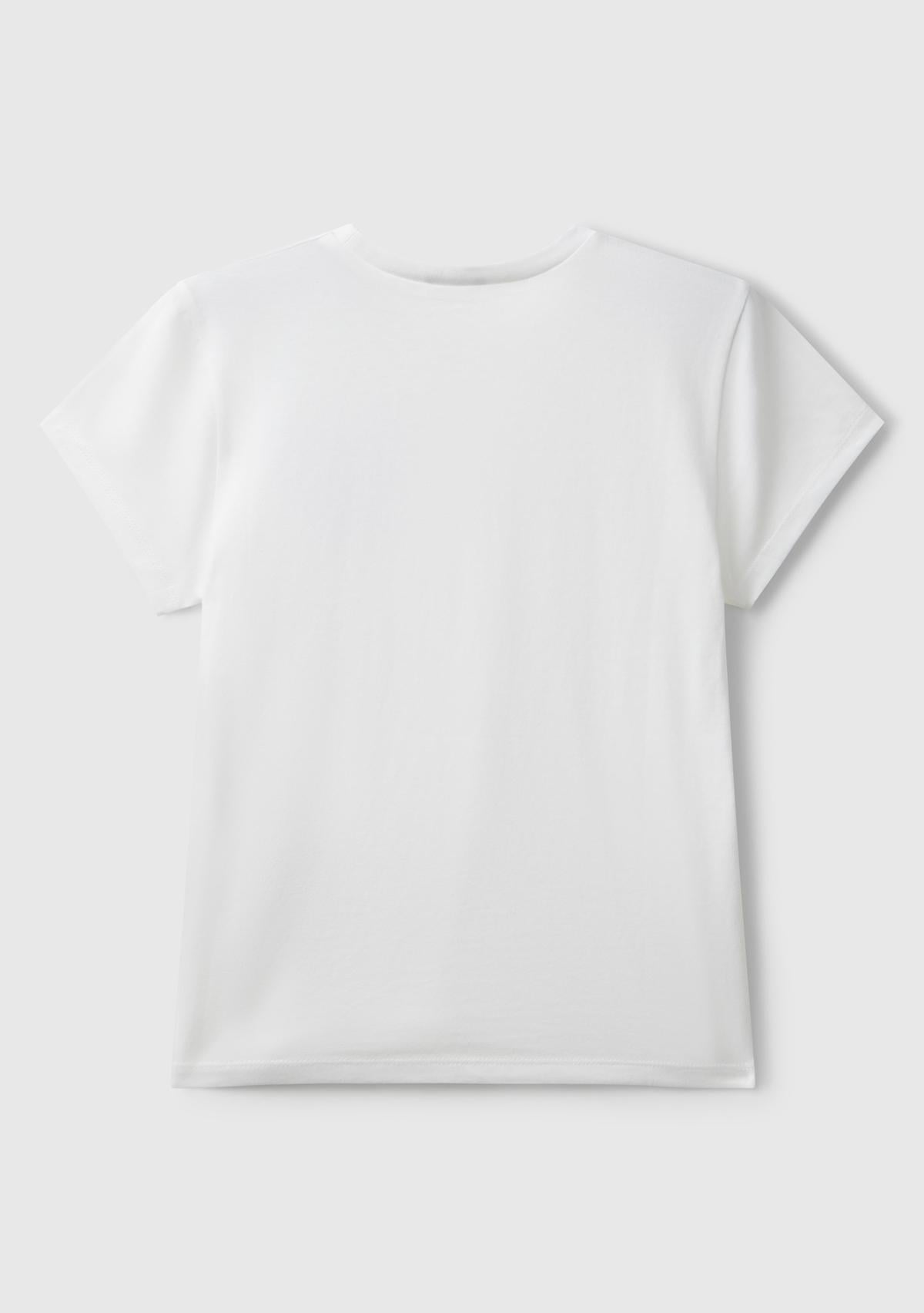 Kız Çocuk Ekru Parıltılı Logo Baskılı Ribana Yaka Regular Fit T-shirt