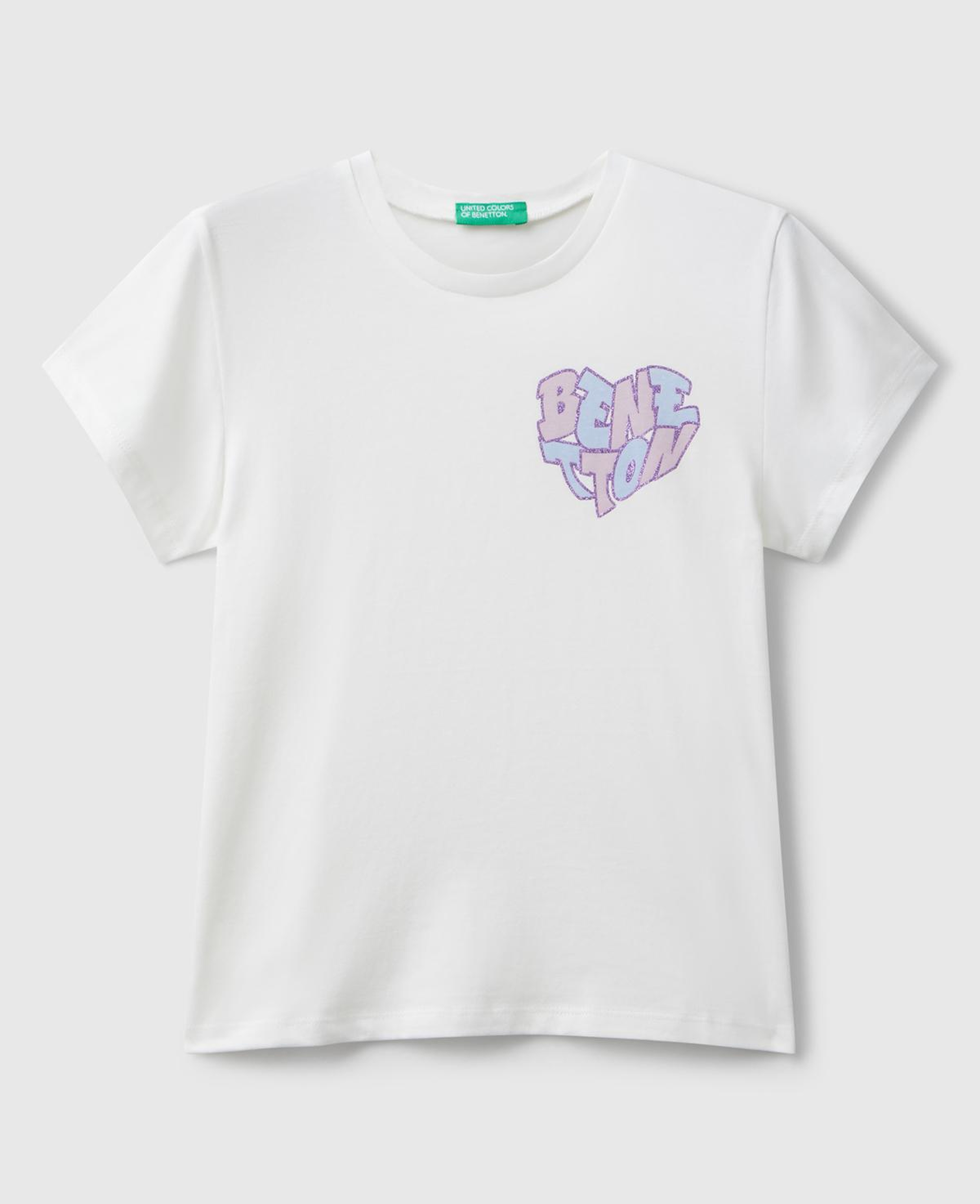 Kız Çocuk Ekru Parıltılı Logo Baskılı Ribana Yaka Regular Fit T-shirt