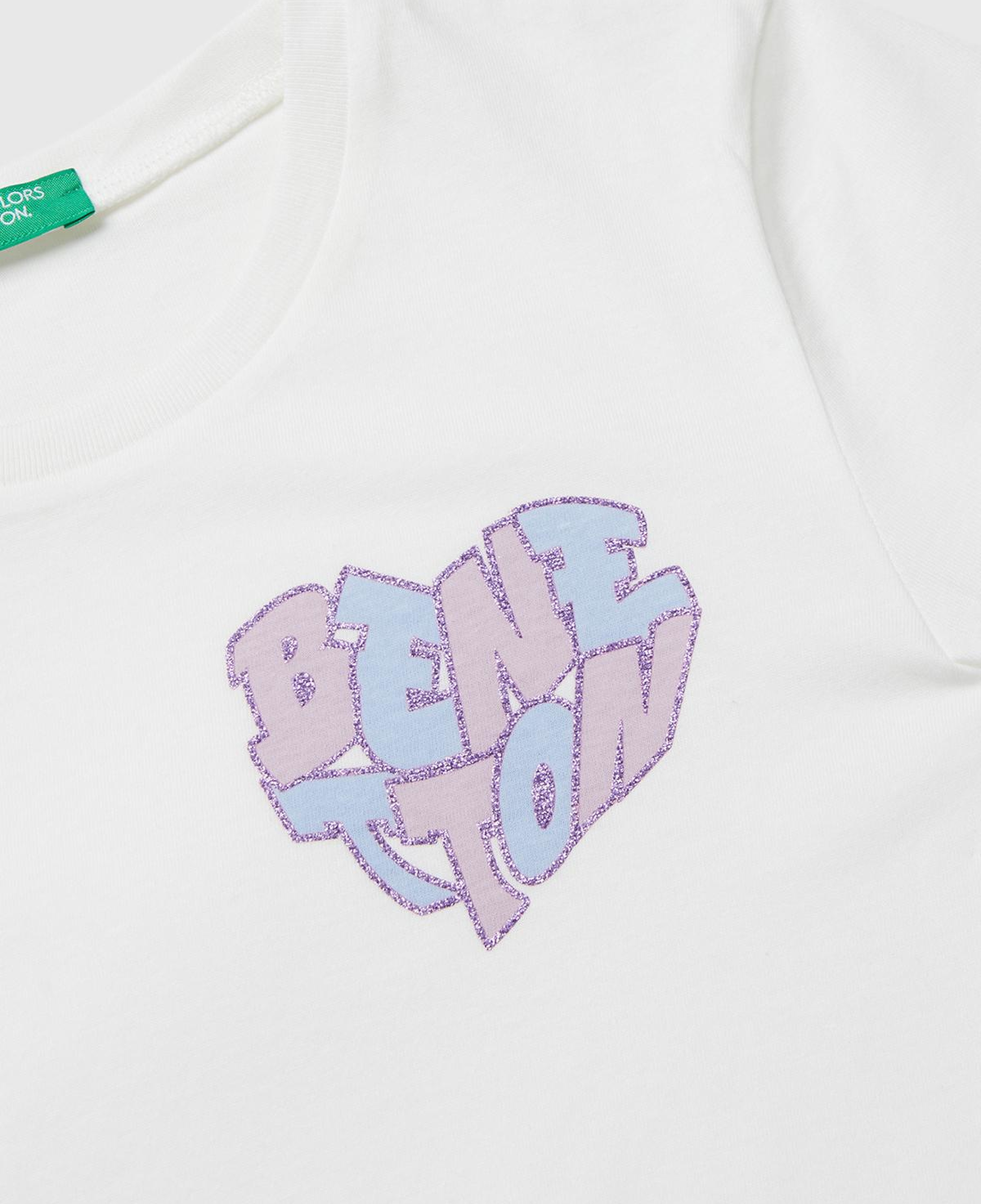 Kız Çocuk Ekru Parıltılı Logo Baskılı Ribana Yaka Regular Fit T-shirt