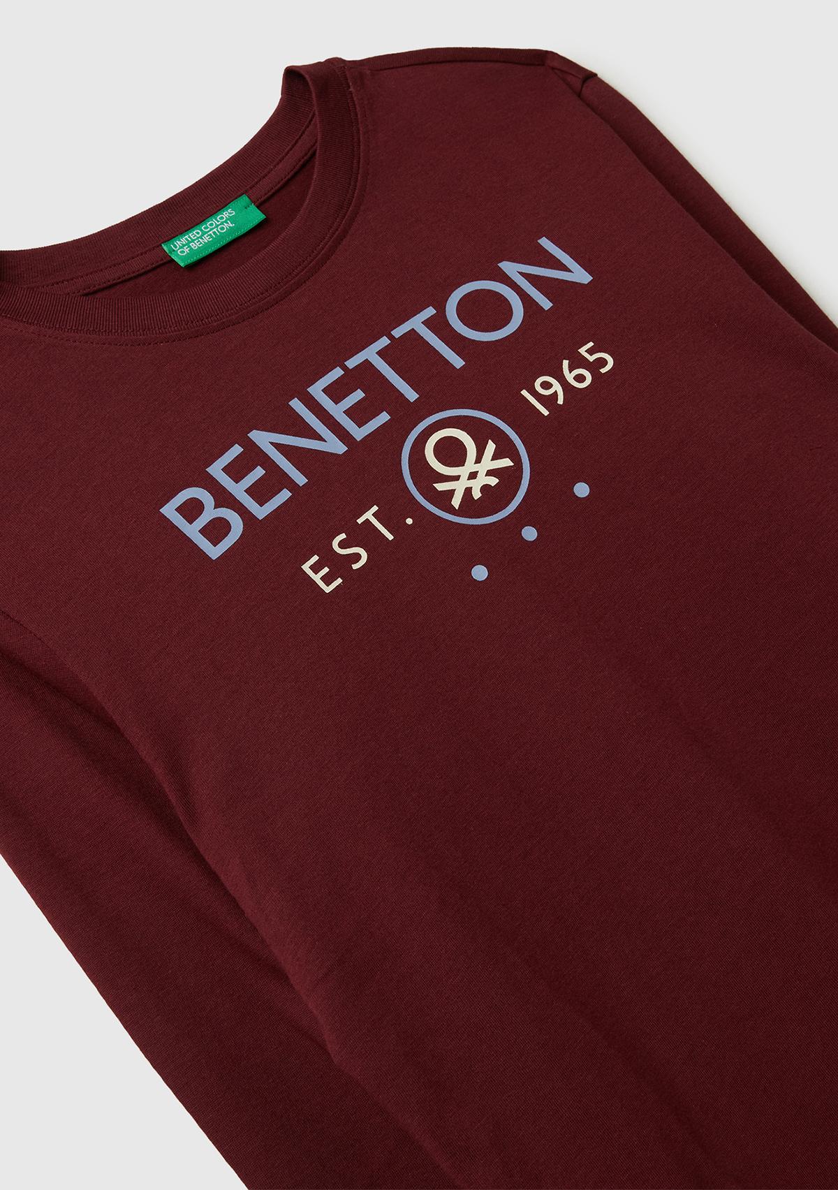 Erkek Çocuk Bordo Önü Logo Baskılı Bisiklet Yaka Uzun Kollu T-shirt