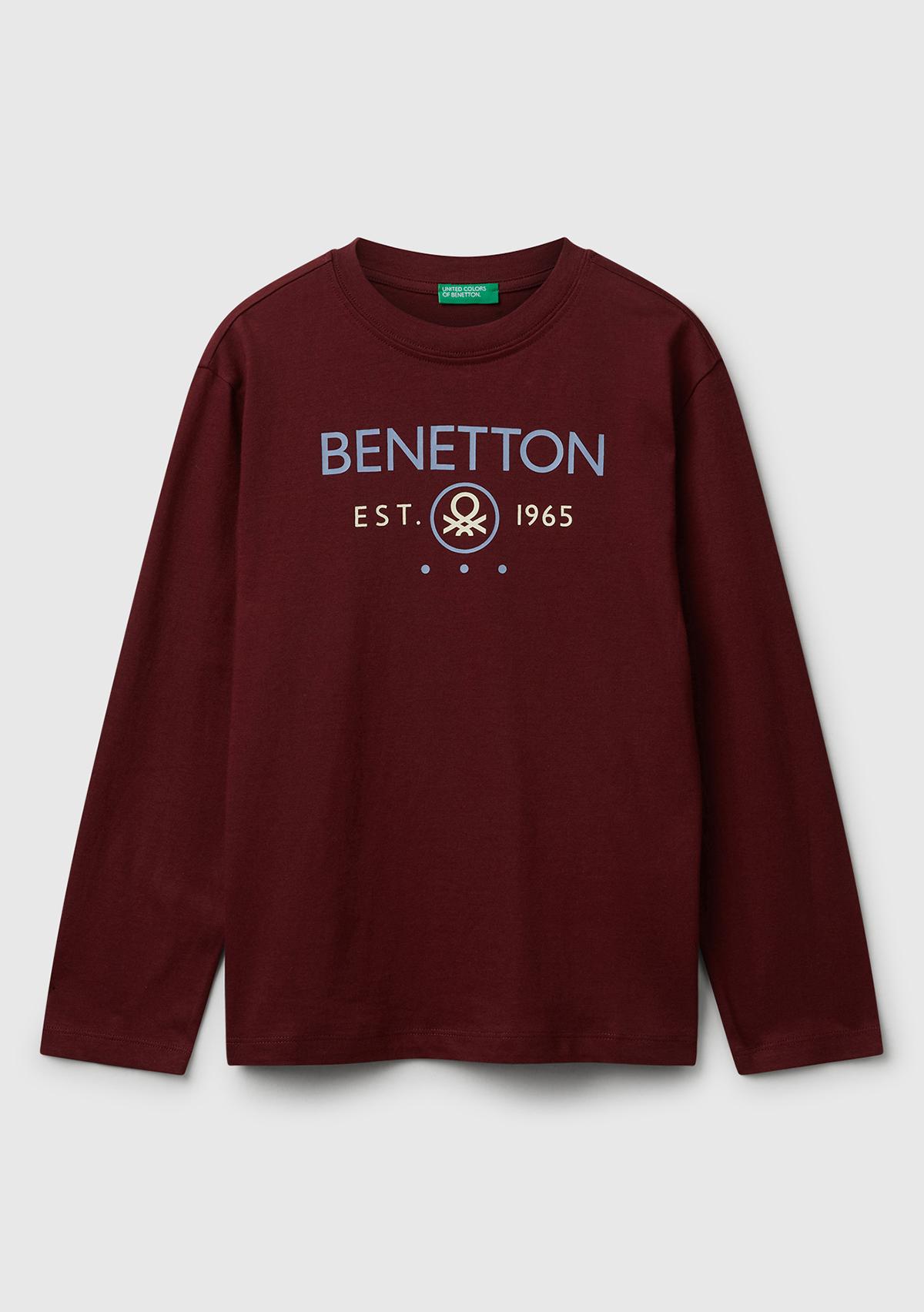 Erkek Çocuk Bordo Önü Logo Baskılı Bisiklet Yaka Uzun Kollu T-shirt