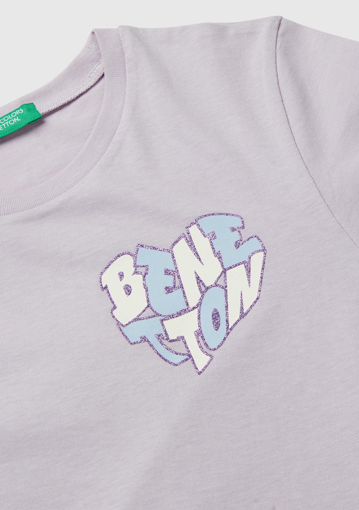 Kız Çocuk Lila Parıltılı Logo Baskılı Ribana Yaka Regular Fit T-shirt
