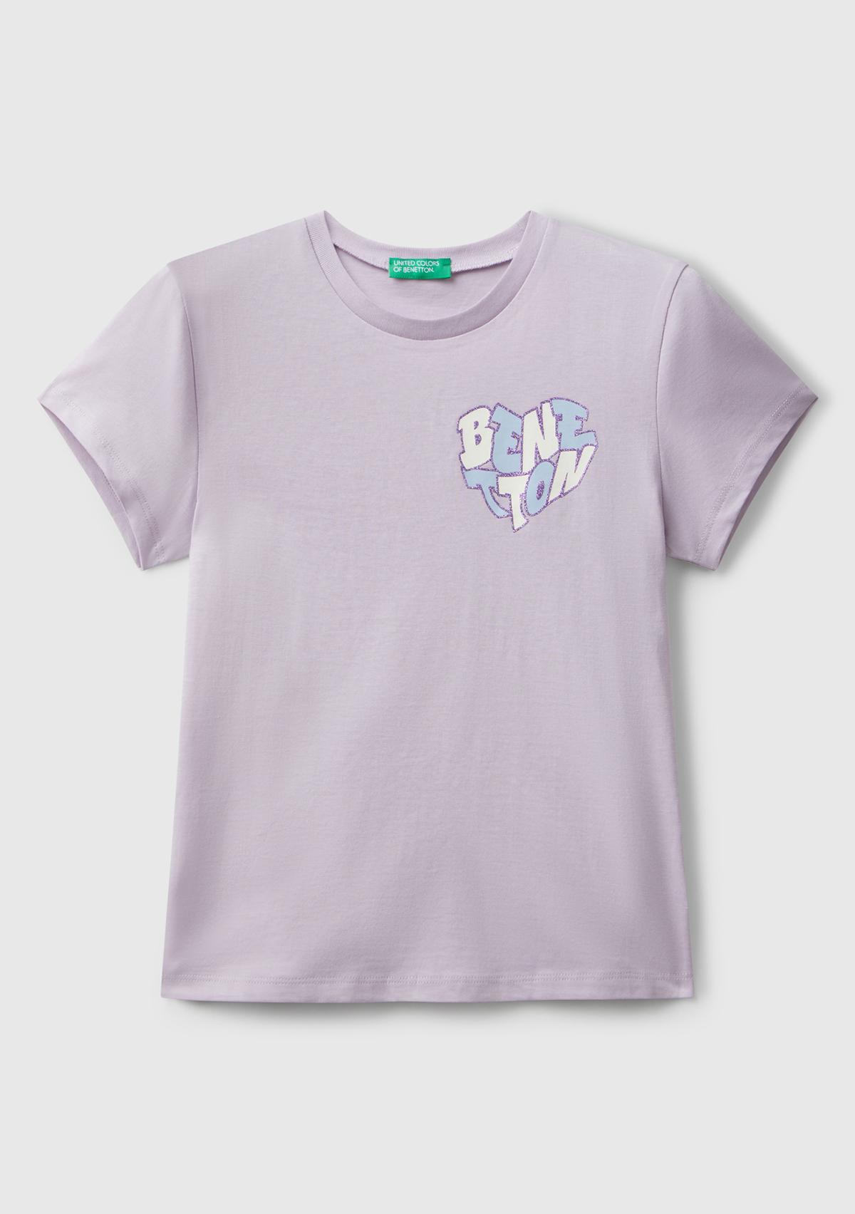 Kız Çocuk Lila Parıltılı Logo Baskılı Ribana Yaka Regular Fit T-shirt