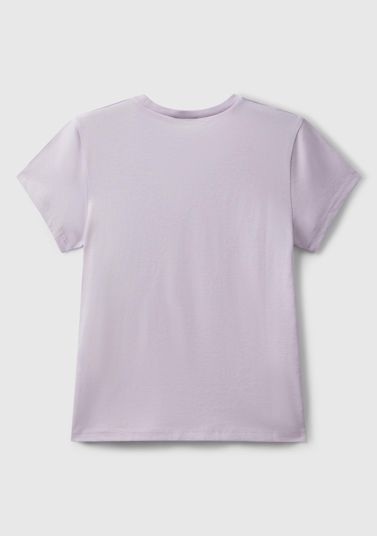 Kız Çocuk Lila Parıltılı Logo Baskılı Ribana Yaka Regular Fit T-shirt