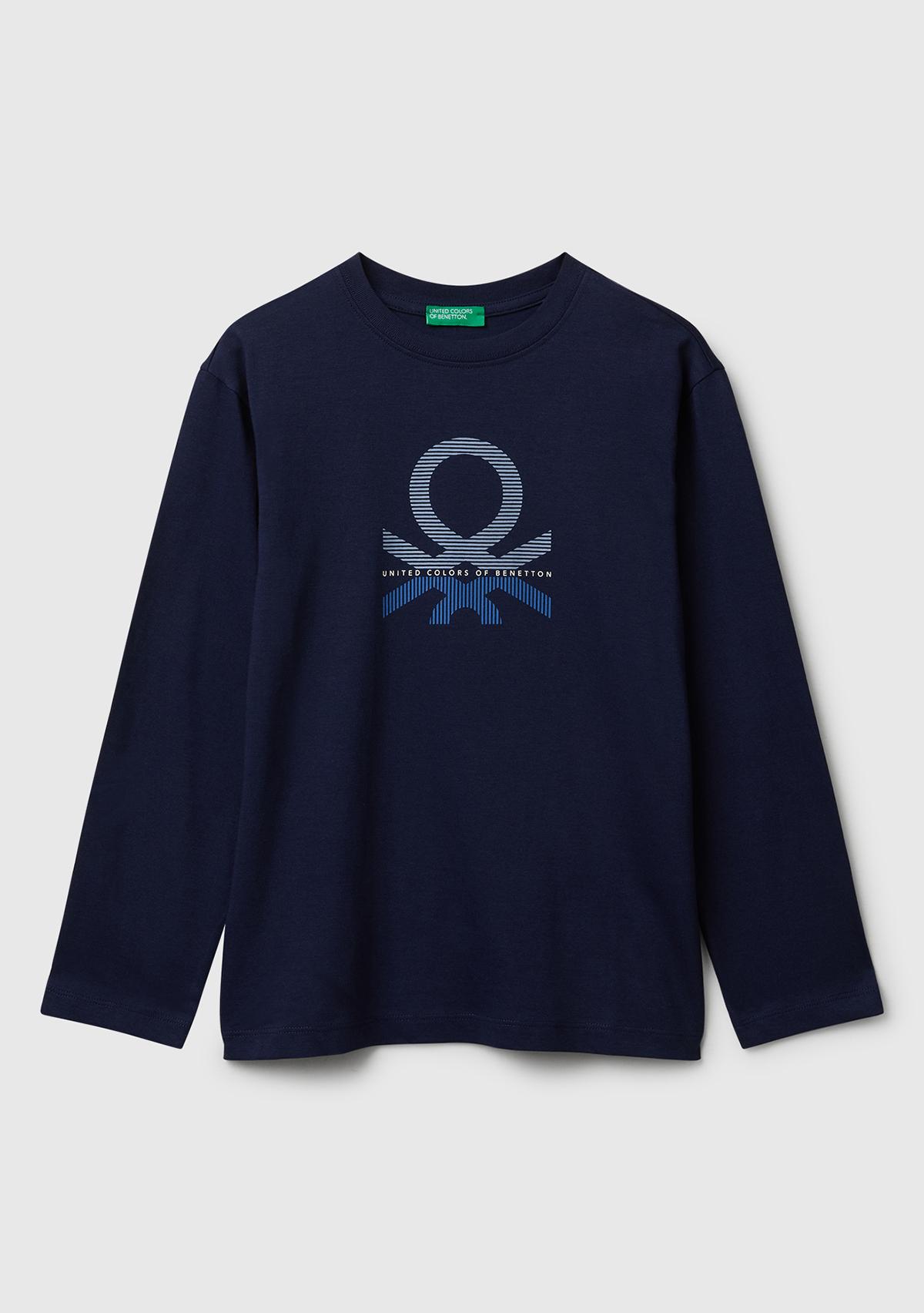 Erkek Çocuk Lacivert Önü Logo Baskılı Bisiklet Yaka Uzun Kollu T-shirt