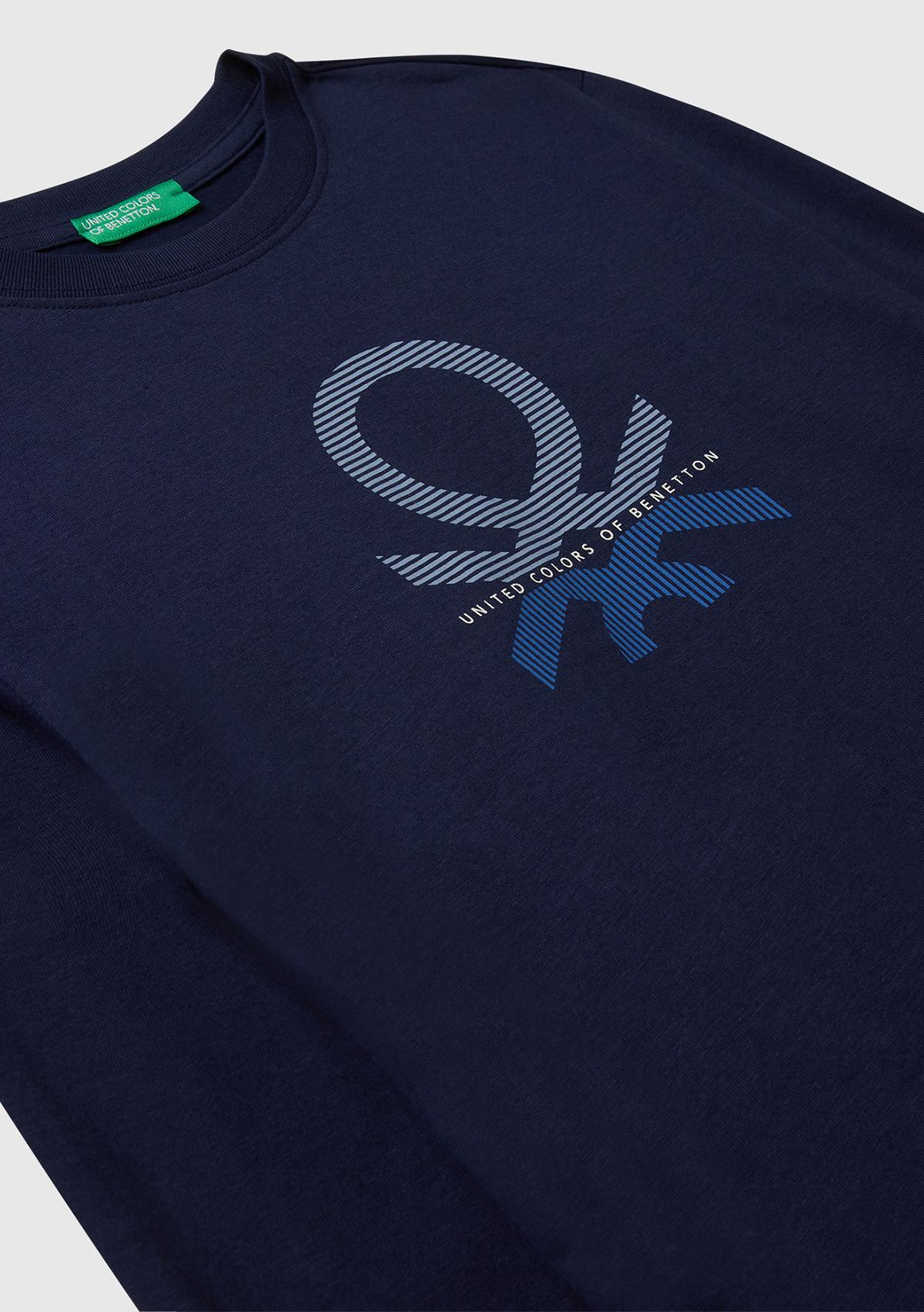 Erkek Çocuk Lacivert Önü Logo Baskılı Bisiklet Yaka Uzun Kollu T-shirt