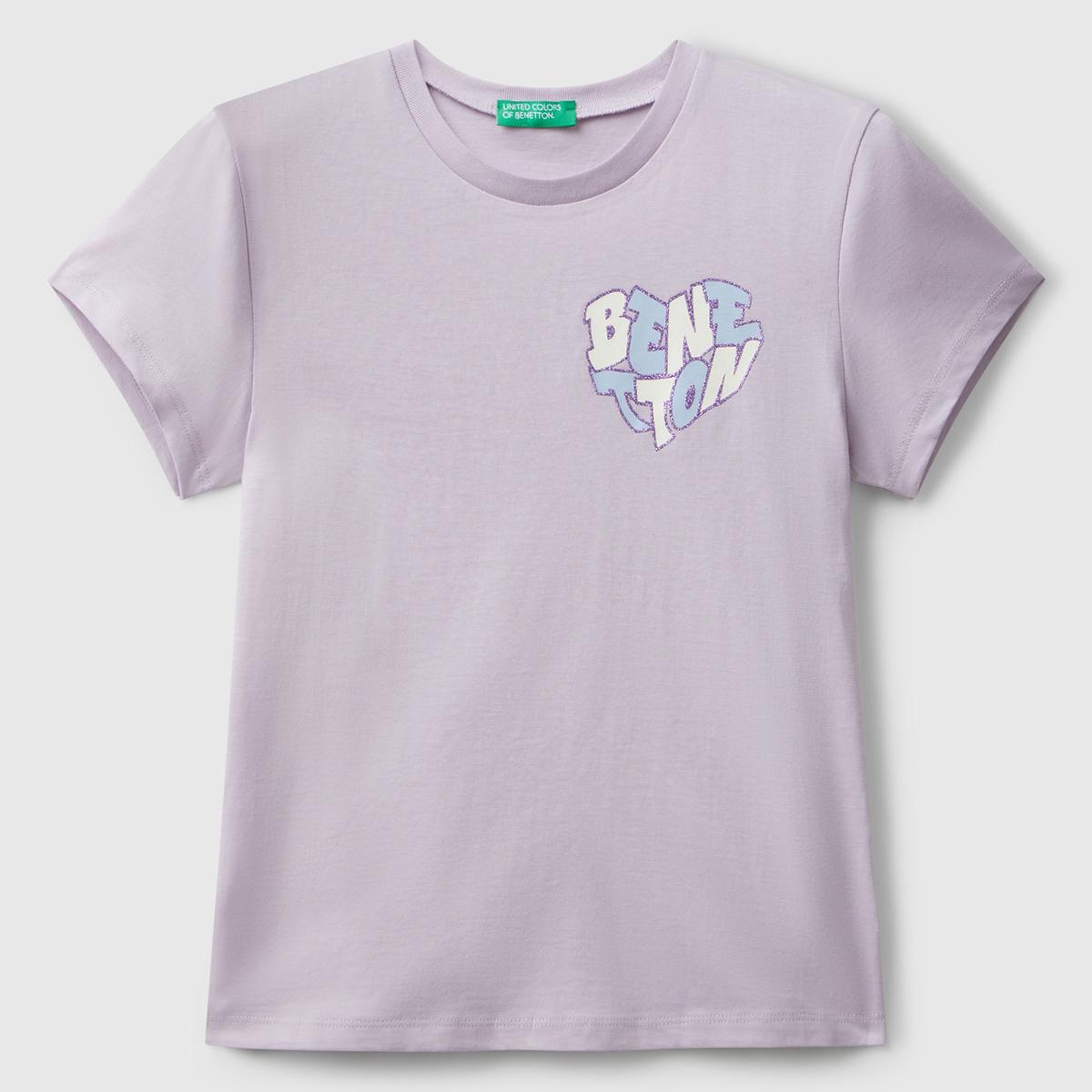 Kız Çocuk Lila Parıltılı Logo Baskılı Ribana Yaka Regular Fit T-shirt