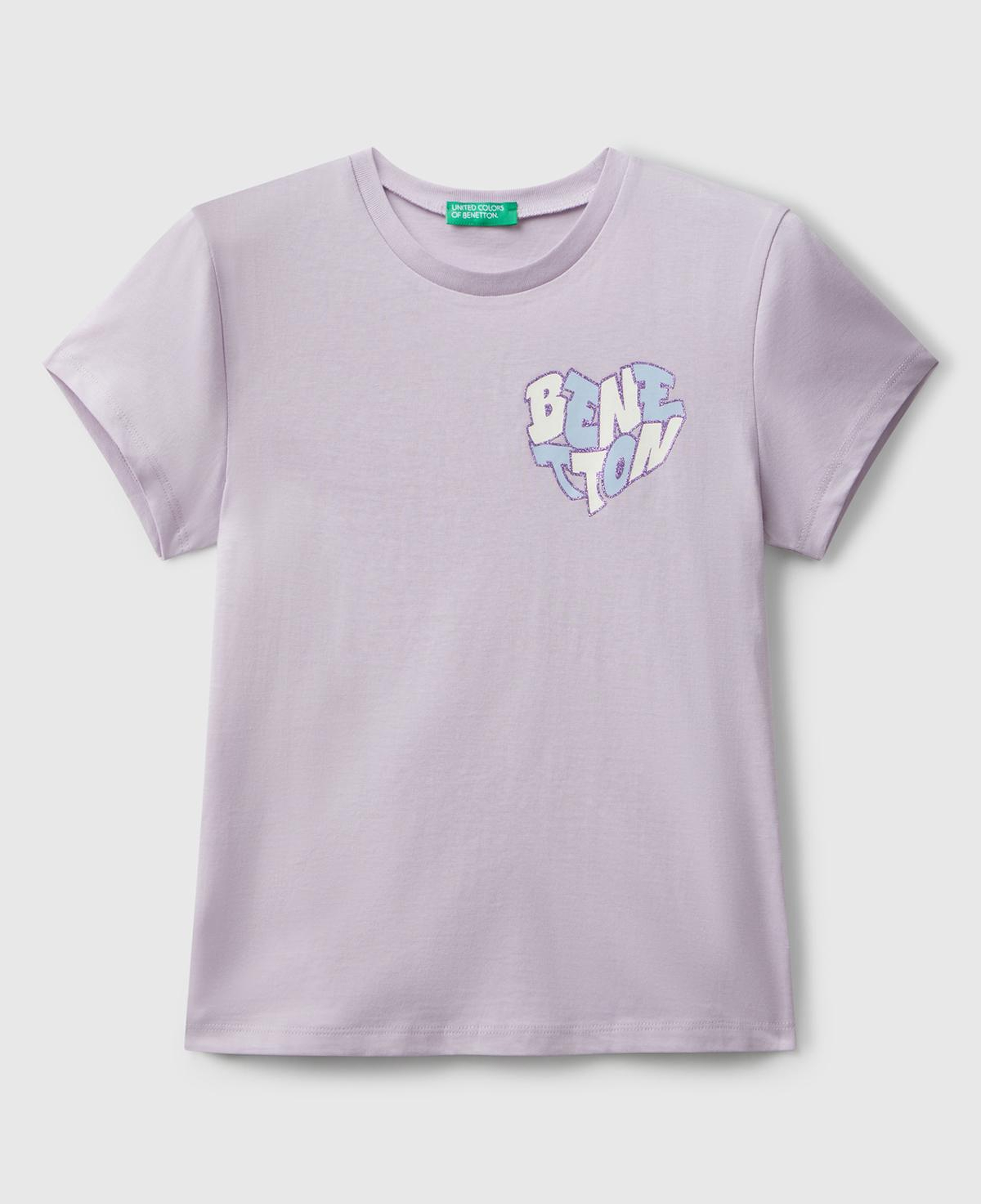 Kız Çocuk Lila Parıltılı Logo Baskılı Ribana Yaka Regular Fit T-shirt