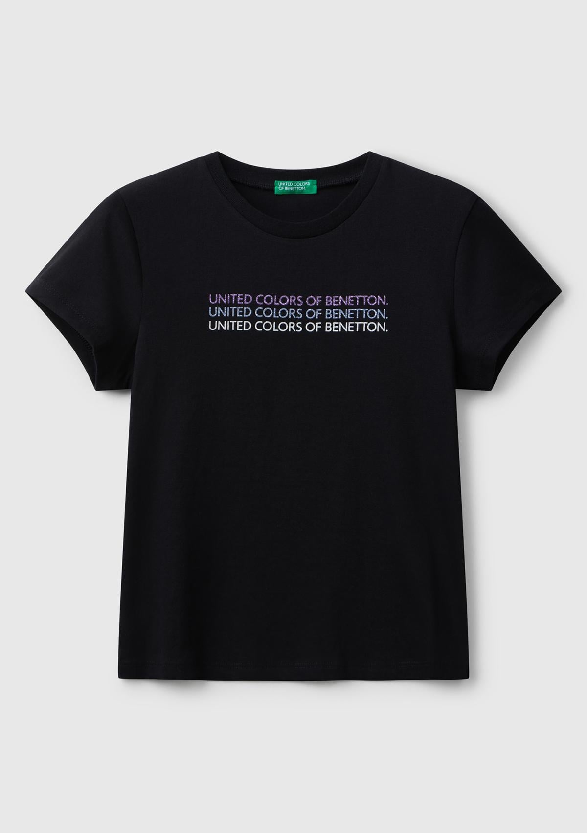 Kız Çocuk Siyah Parıltılı Logo Baskılı Ribana Yaka Regular Fit T-shirt