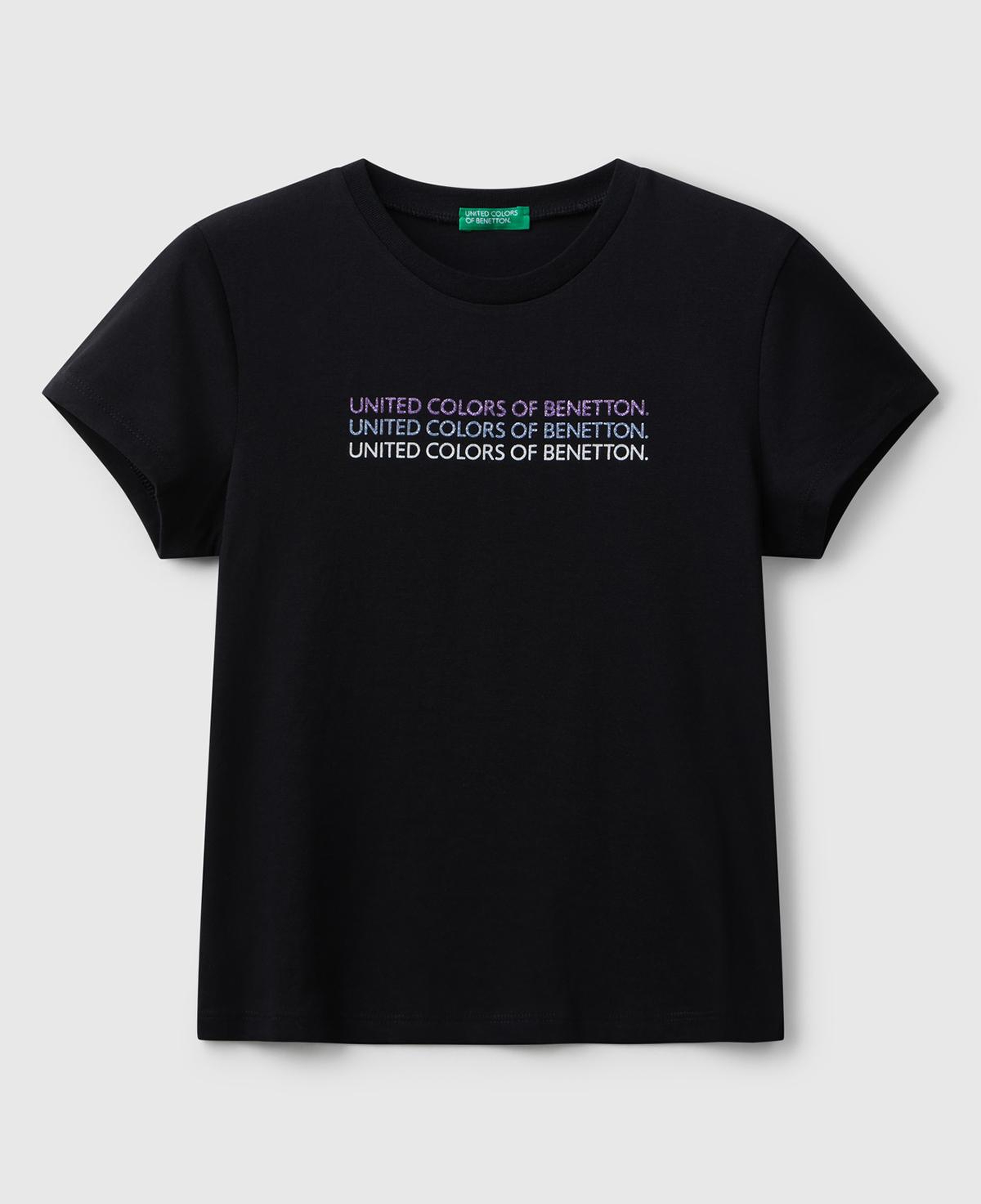 Kız Çocuk Siyah Parıltılı Logo Baskılı Ribana Yaka Regular Fit T-shirt