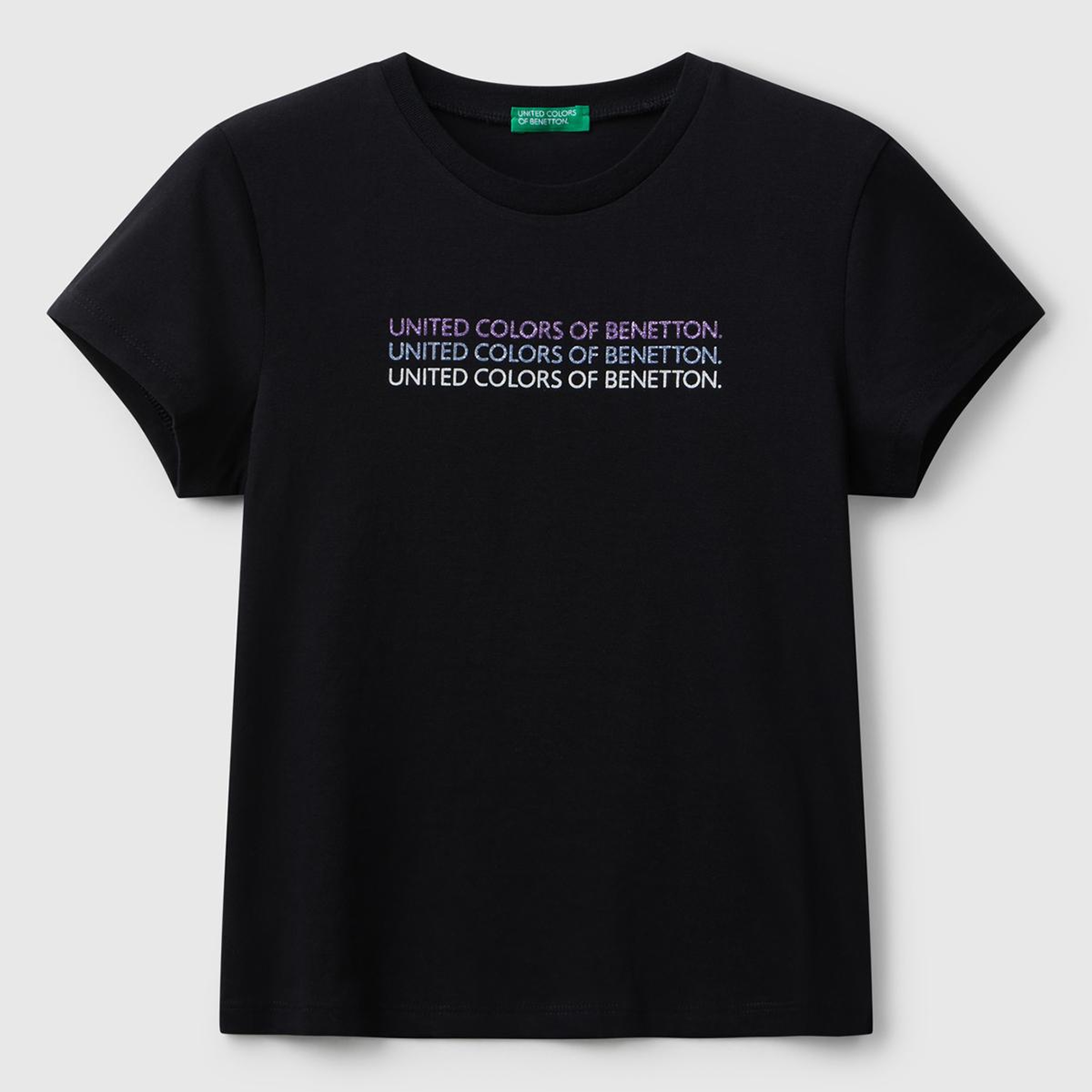 Kız Çocuk Siyah Parıltılı Logo Baskılı Ribana Yaka Regular Fit T-shirt