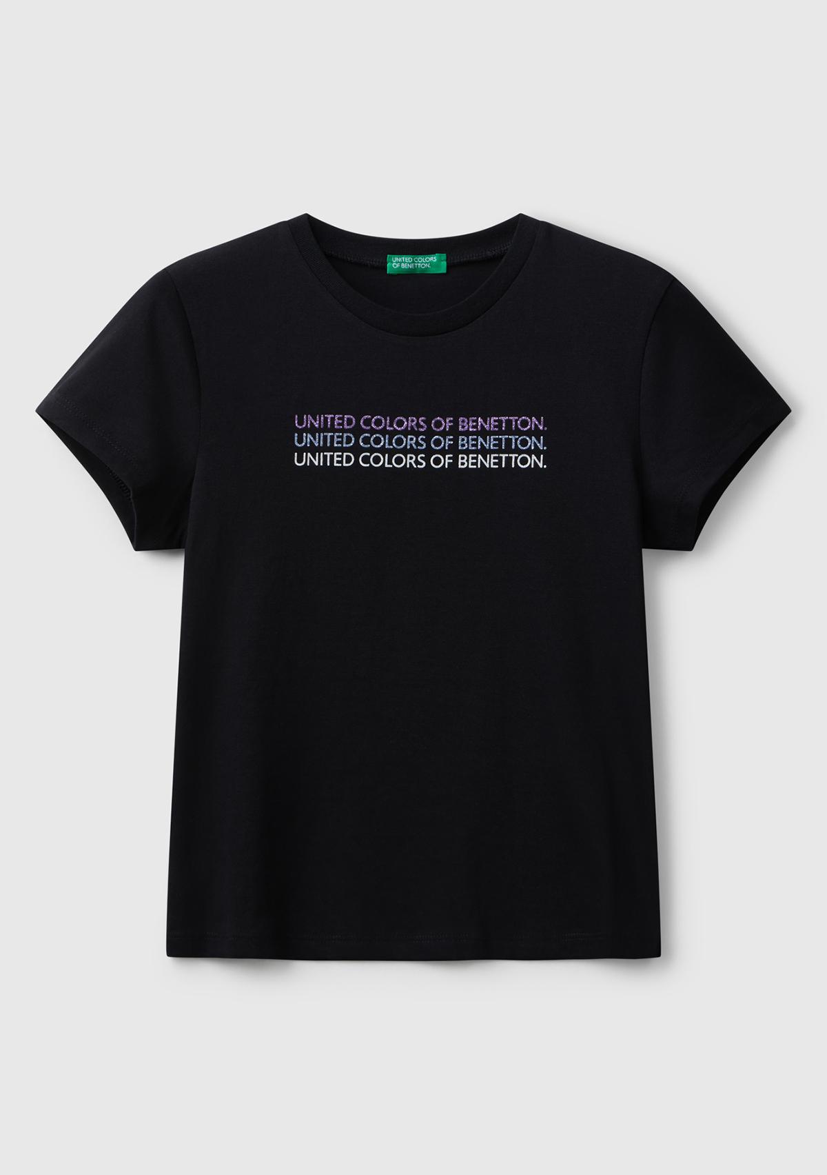 Kız Çocuk Siyah Parıltılı Logo Baskılı Ribana Yaka Regular Fit T-shirt