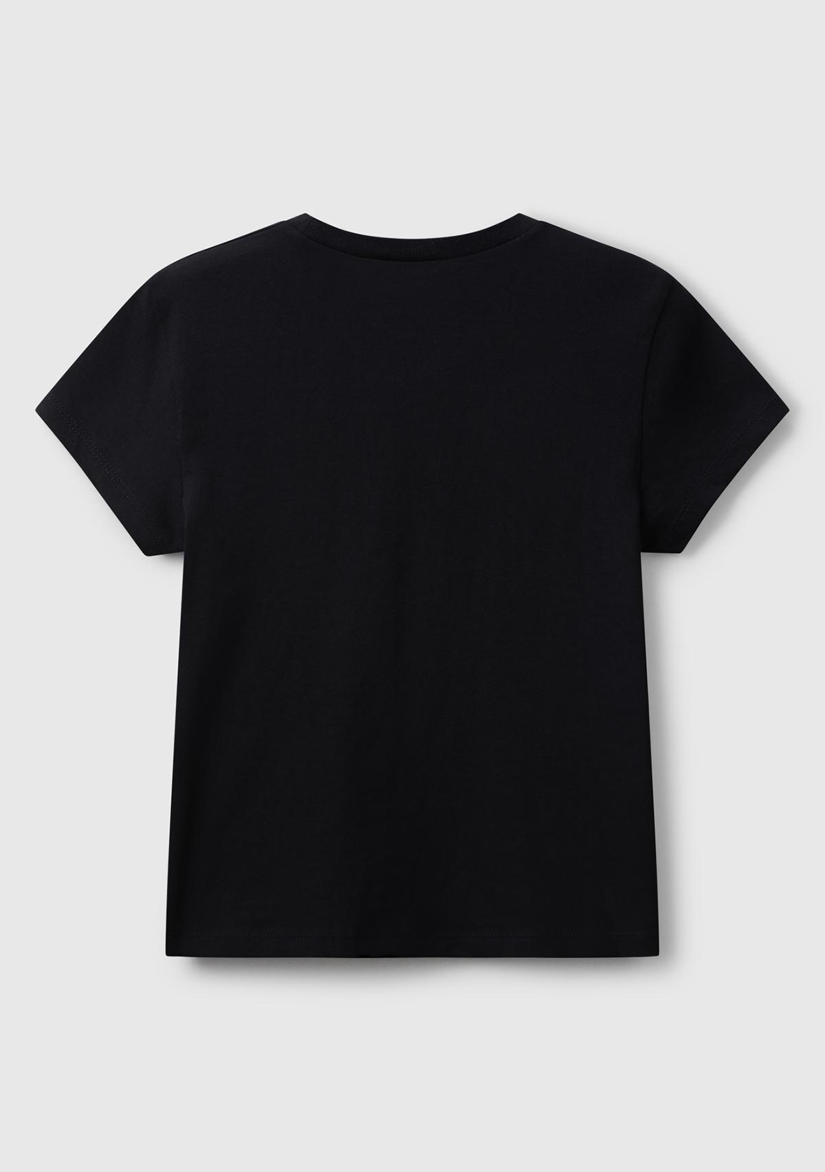Kız Çocuk Siyah Parıltılı Logo Baskılı Ribana Yaka Regular Fit T-shirt