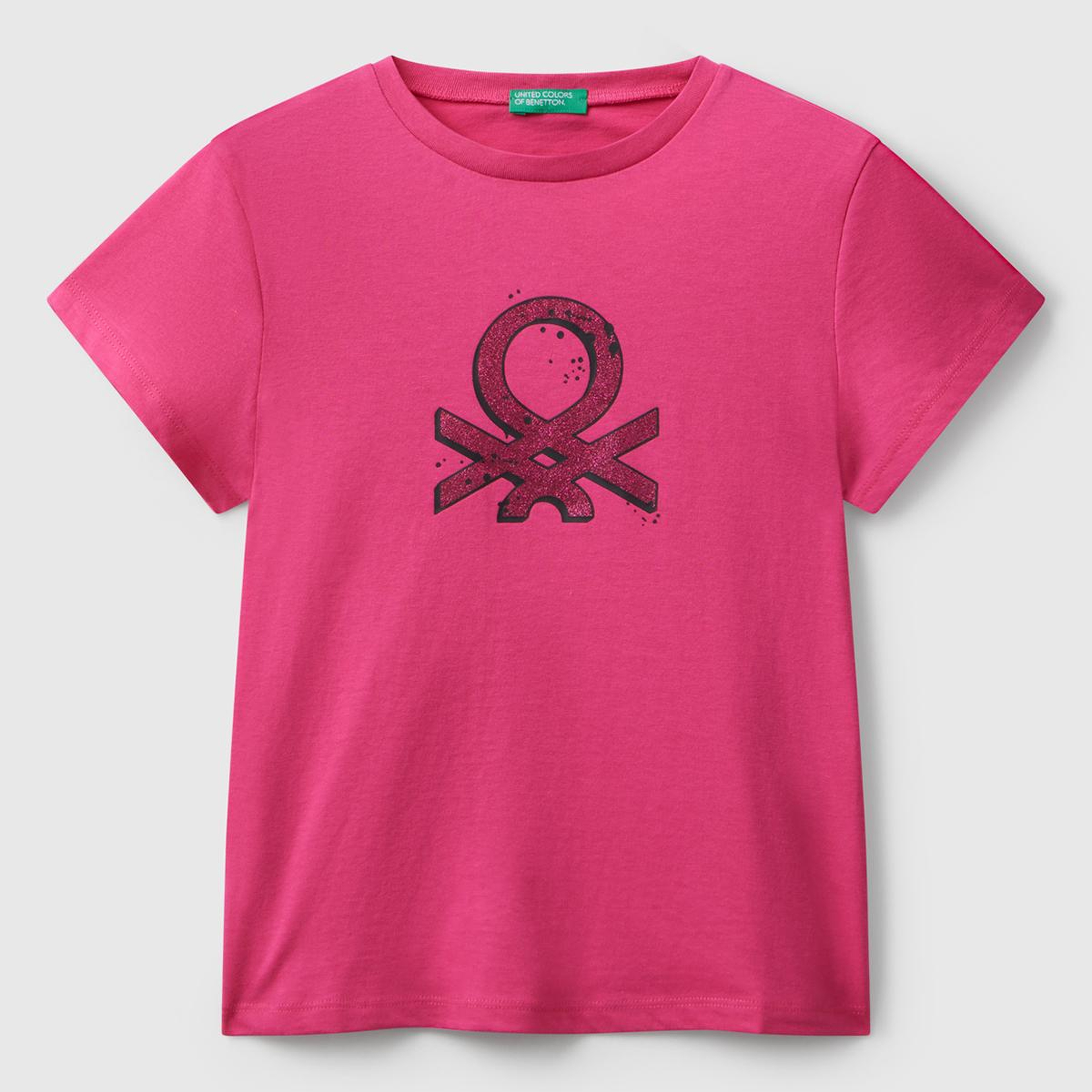 Kız Çocuk Pembe Parıltılı Logo Baskılı Ribana Yaka Regular Fit T-shirt