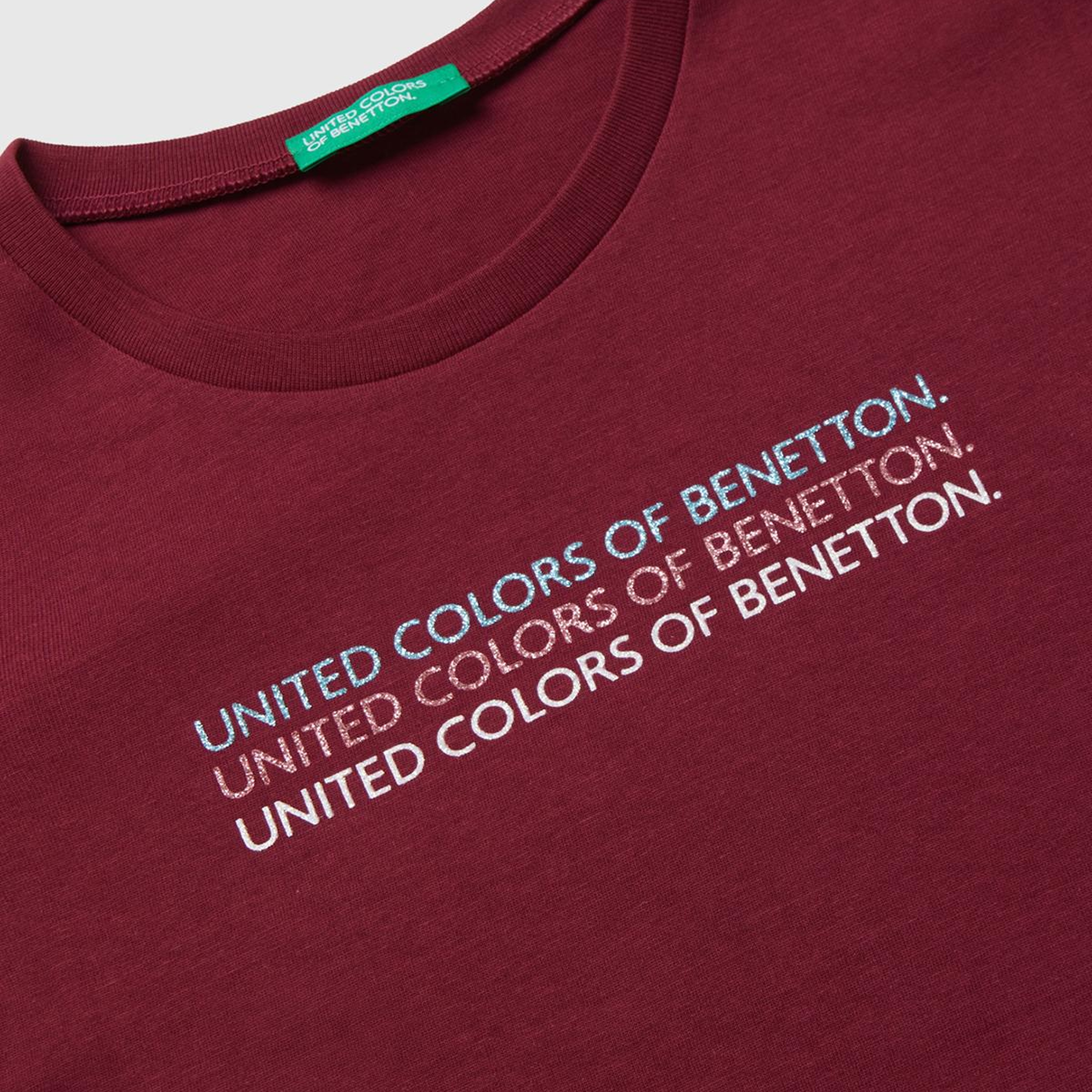 Kız Çocuk Bordo Parıltılı Logo Baskılı Ribana Yaka Regular Fit T-shirt