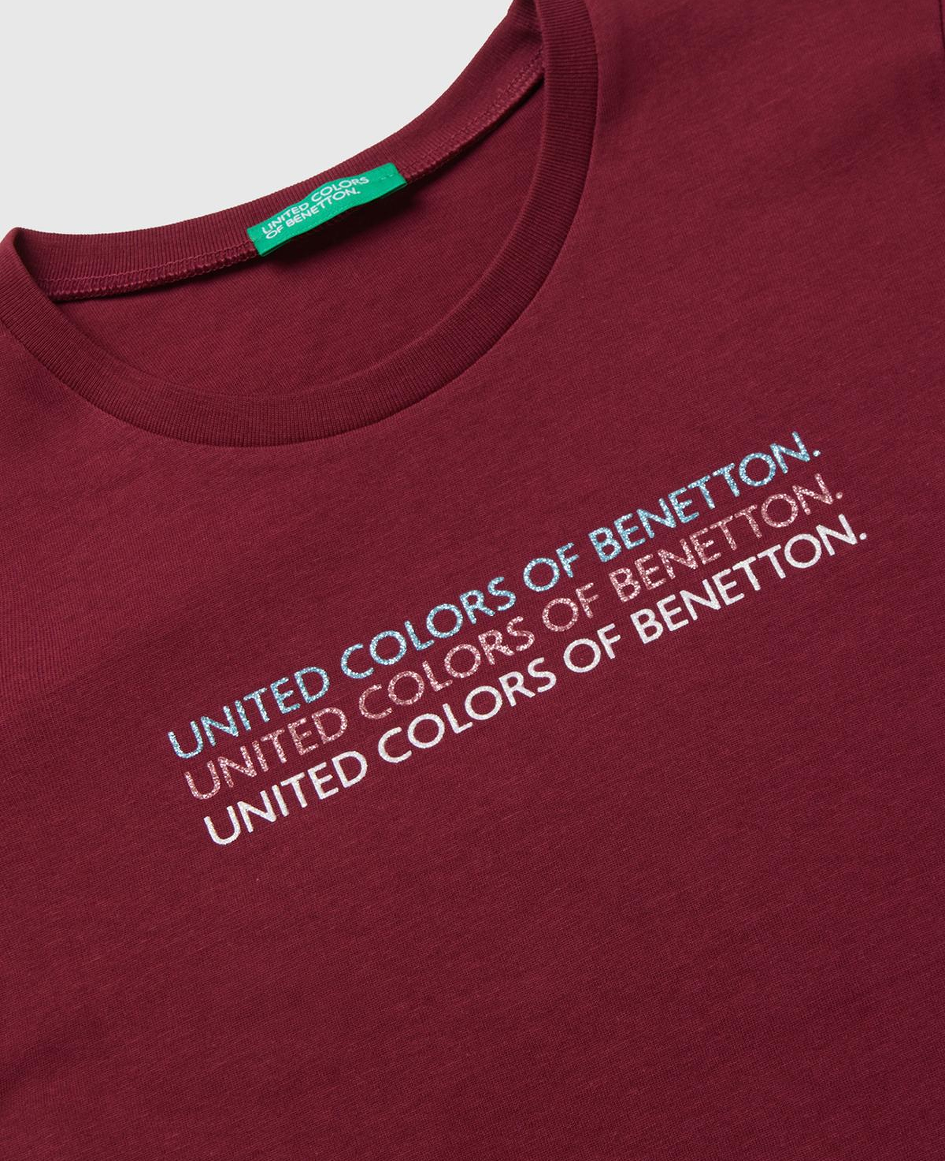 Kız Çocuk Bordo Parıltılı Logo Baskılı Ribana Yaka Regular Fit T-shirt
