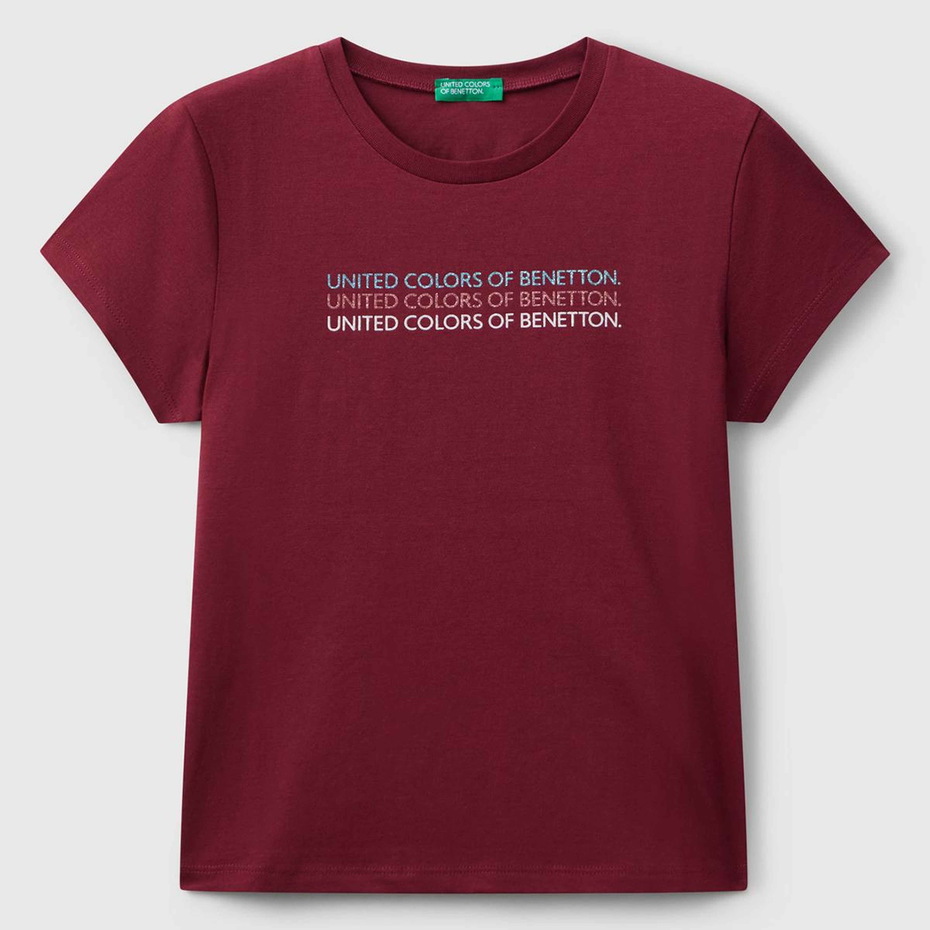 Kız Çocuk Bordo Parıltılı Logo Baskılı Ribana Yaka Regular Fit T-shirt