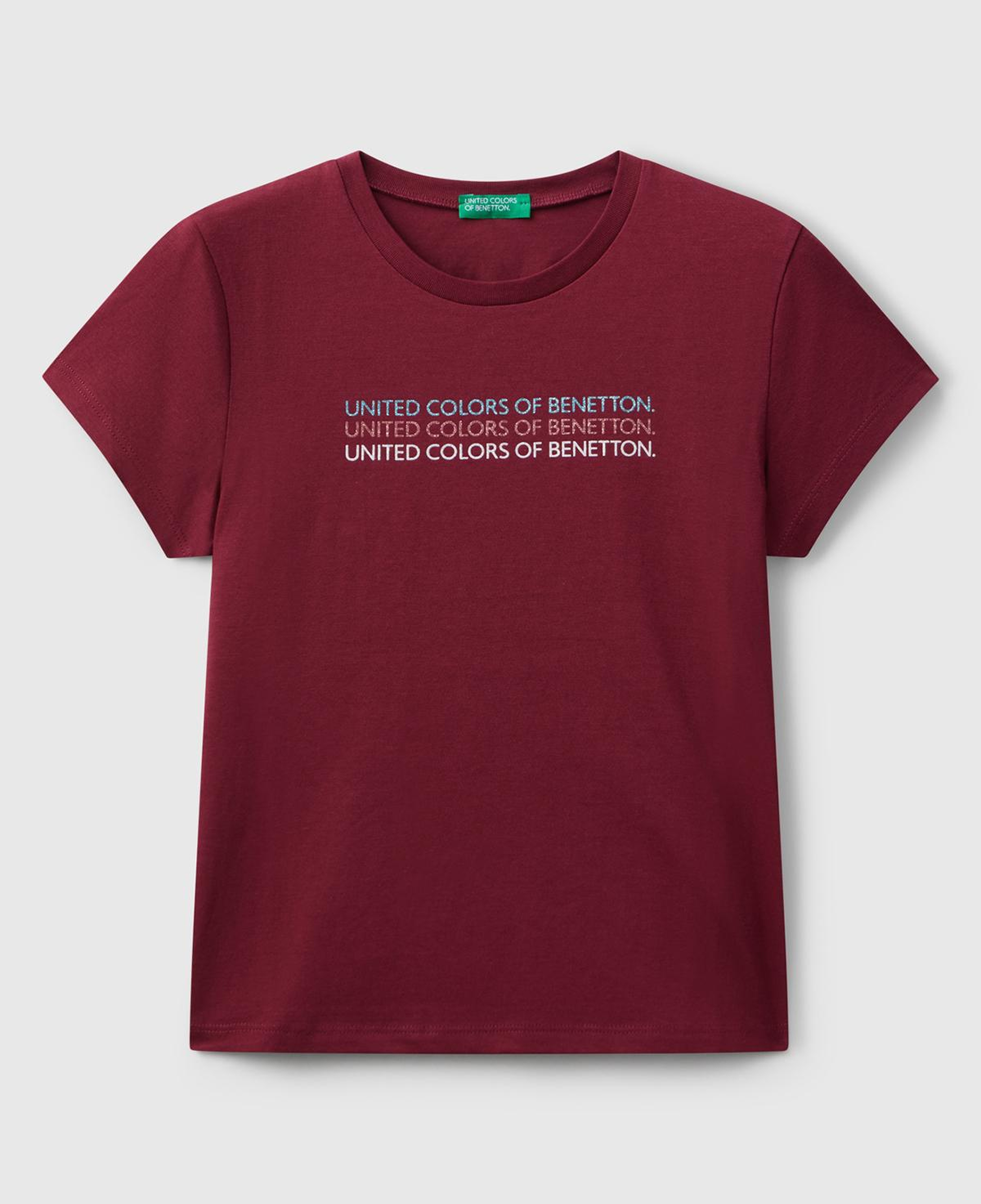 Kız Çocuk Bordo Parıltılı Logo Baskılı Ribana Yaka Regular Fit T-shirt