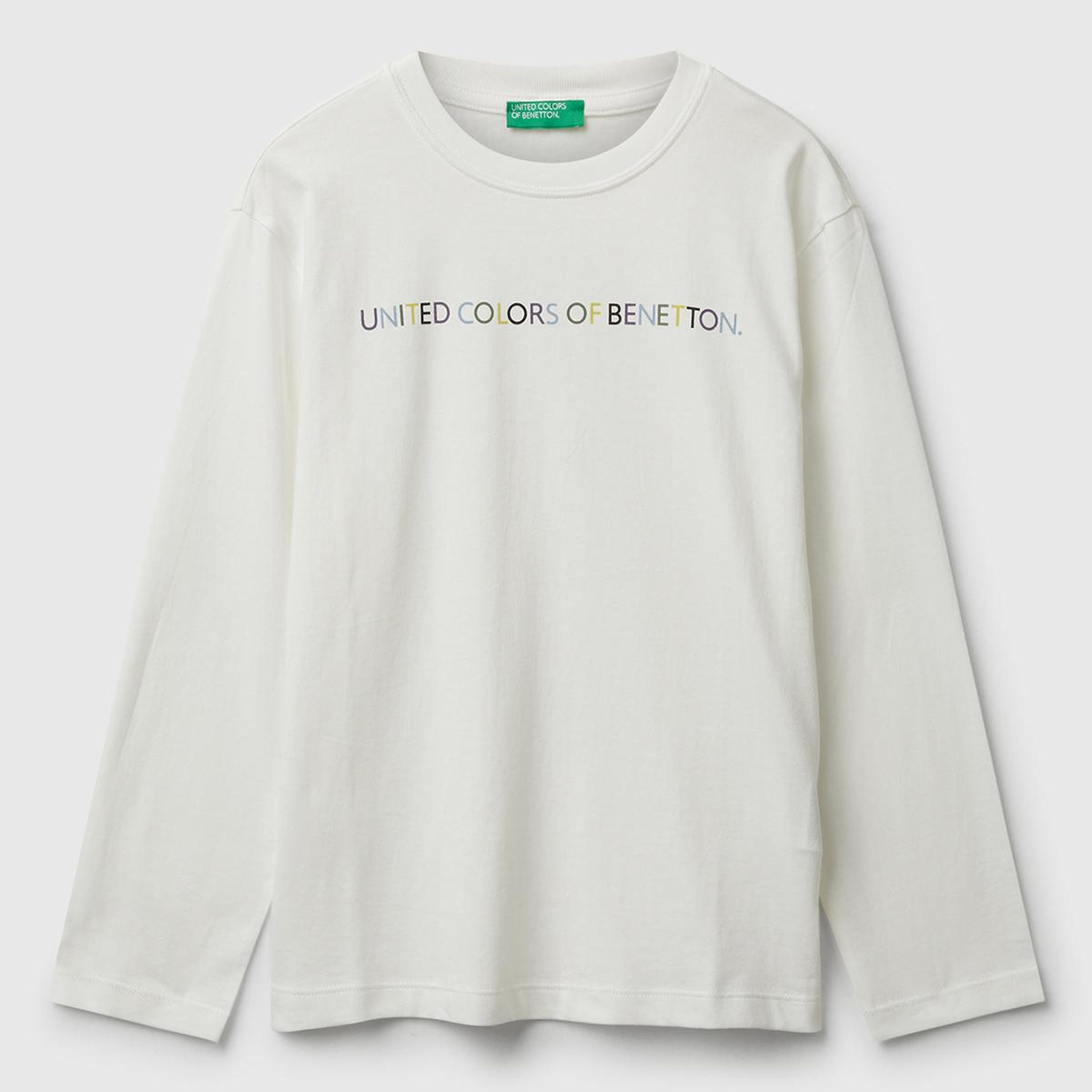 Erkek Çocuk Ekru Önü Logo Baskılı Bisiklet Yaka Uzun Kollu T-shirt