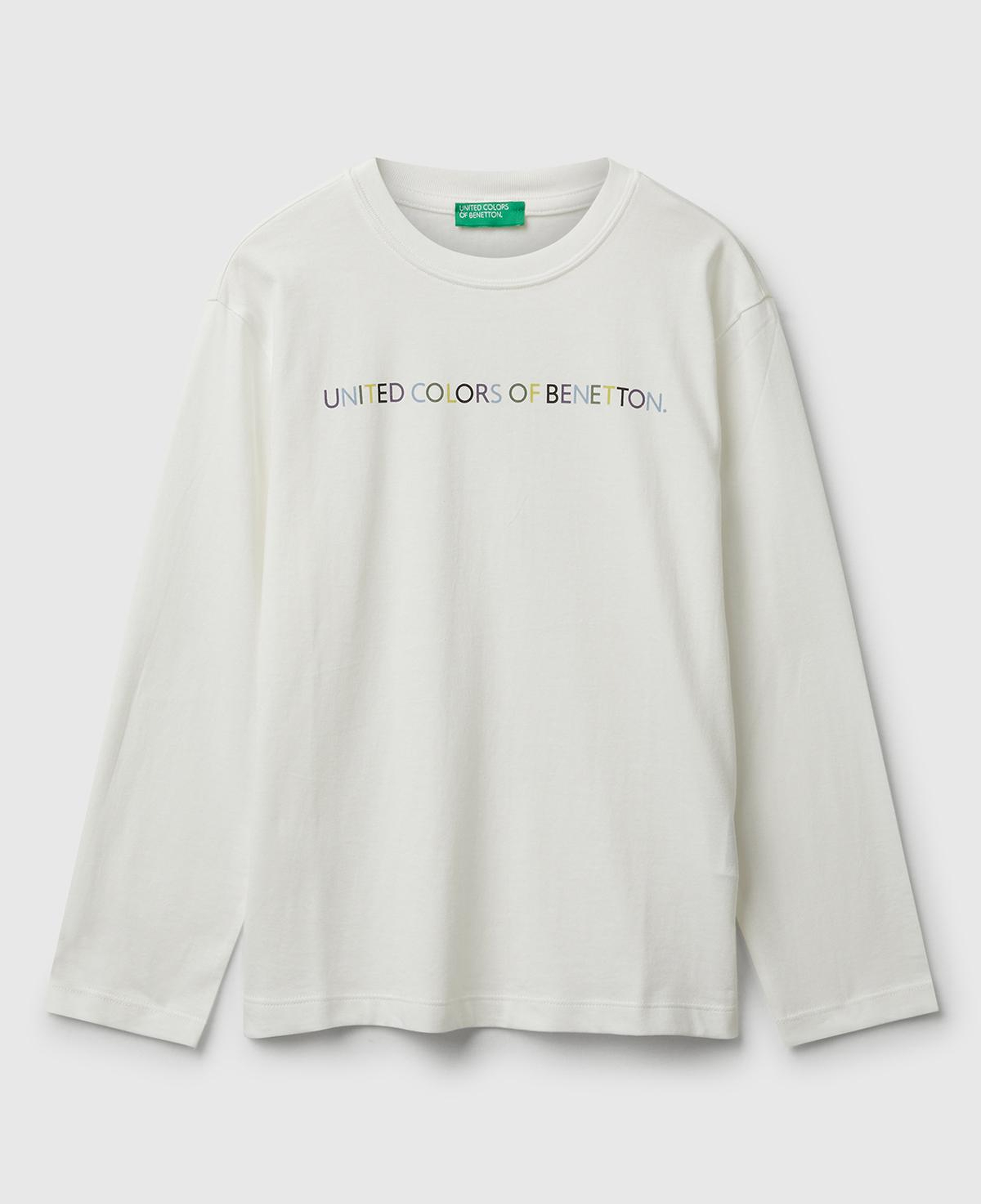 Erkek Çocuk Ekru Önü Logo Baskılı Bisiklet Yaka Uzun Kollu T-shirt
