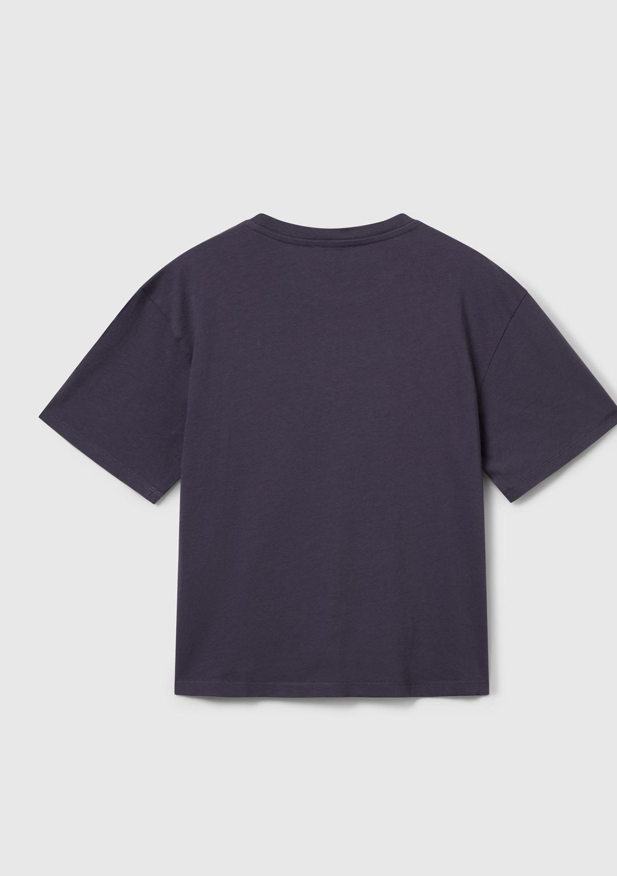 Kız Çocuk Koyu Gri Önü Baskılı Aplikeli Ribana Yakalı Relaxed Fit T-shirt