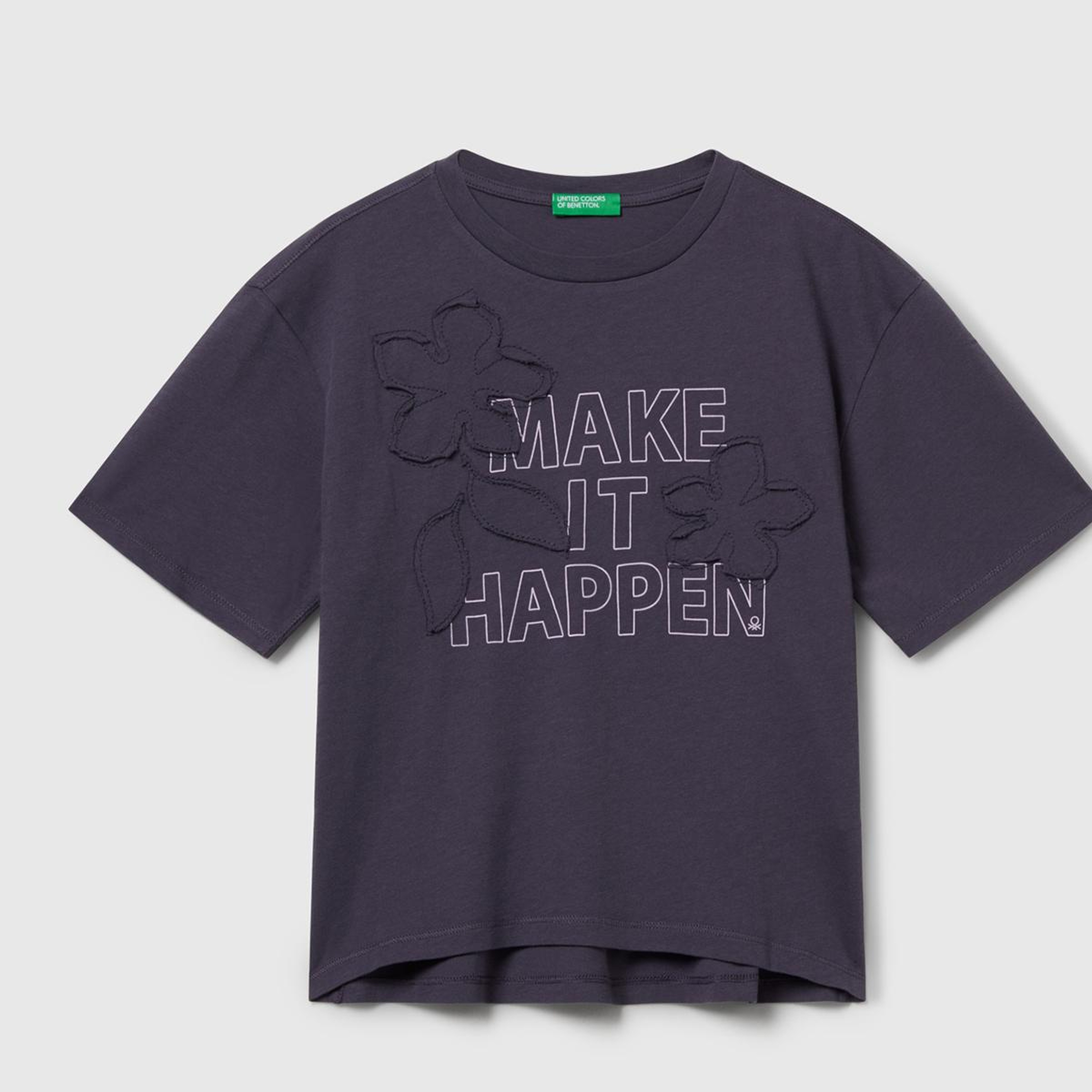 Kız Çocuk Koyu Gri Önü Baskılı Aplikeli Ribana Yakalı Relaxed Fit T-shirt