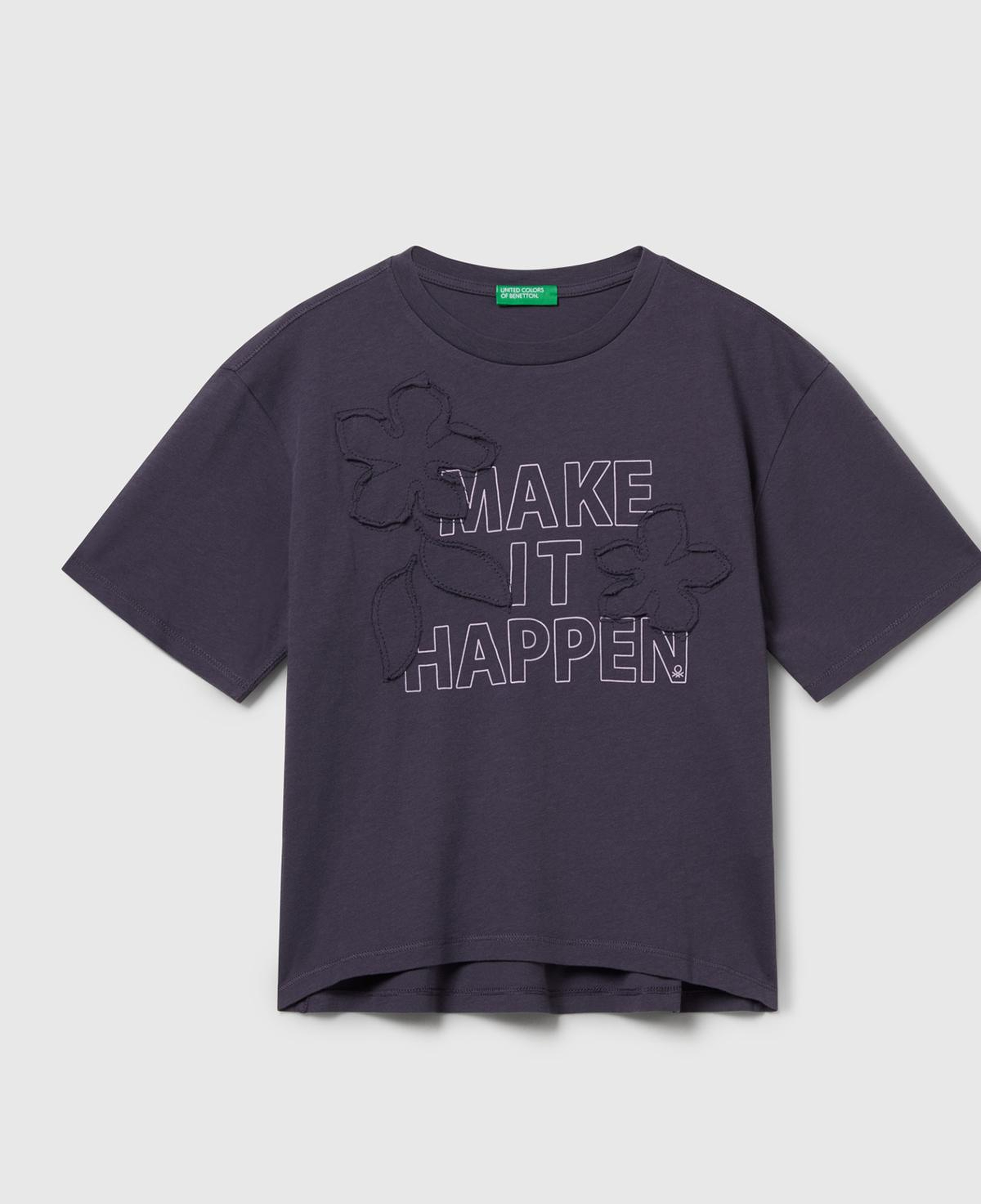 Kız Çocuk Koyu Gri Önü Baskılı Aplikeli Ribana Yakalı Relaxed Fit T-shirt