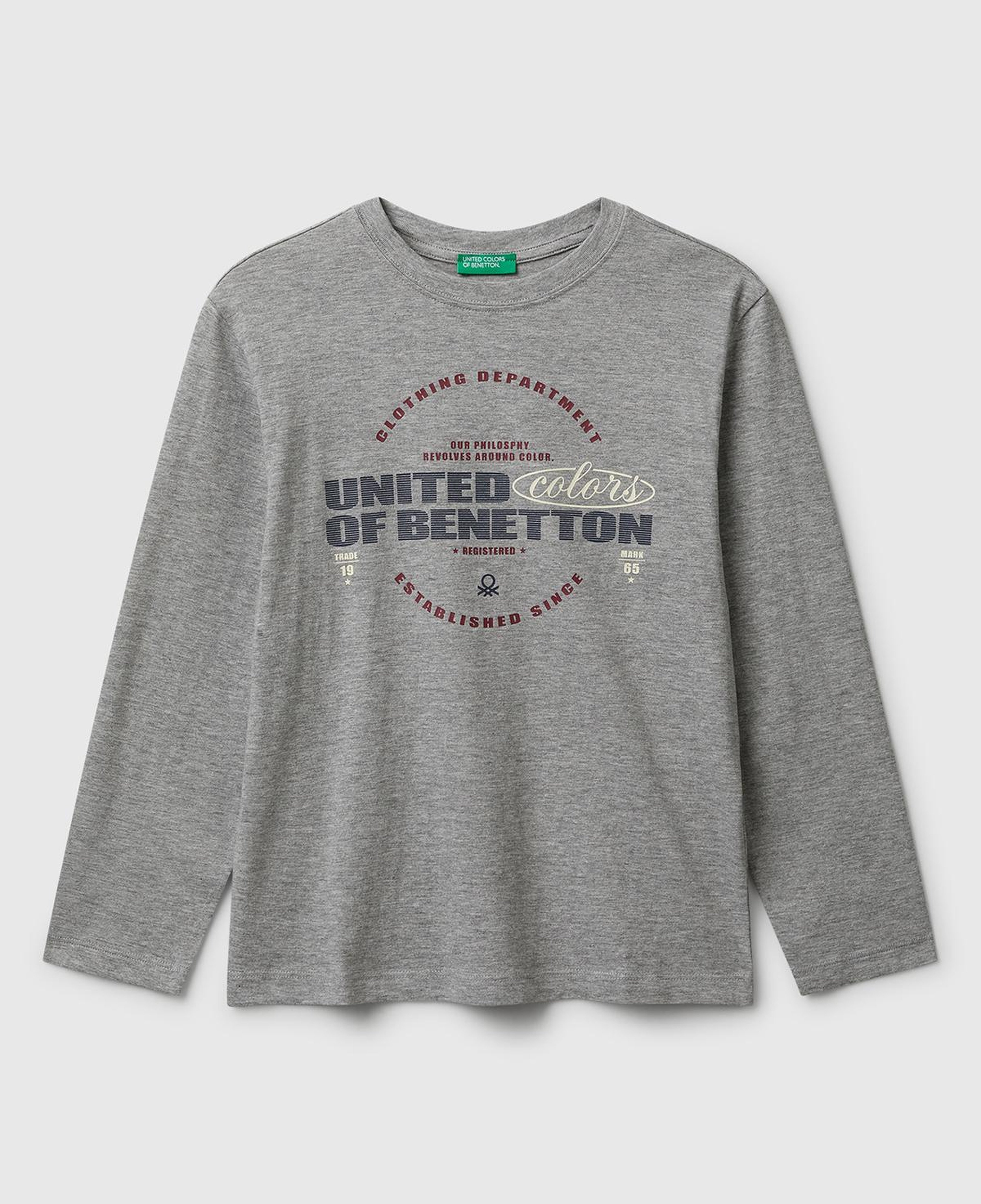 Erkek Çocuk Gri Melanj Önü Logo Baskılı Bisiklet Yaka Uzun Kollu T-shirt