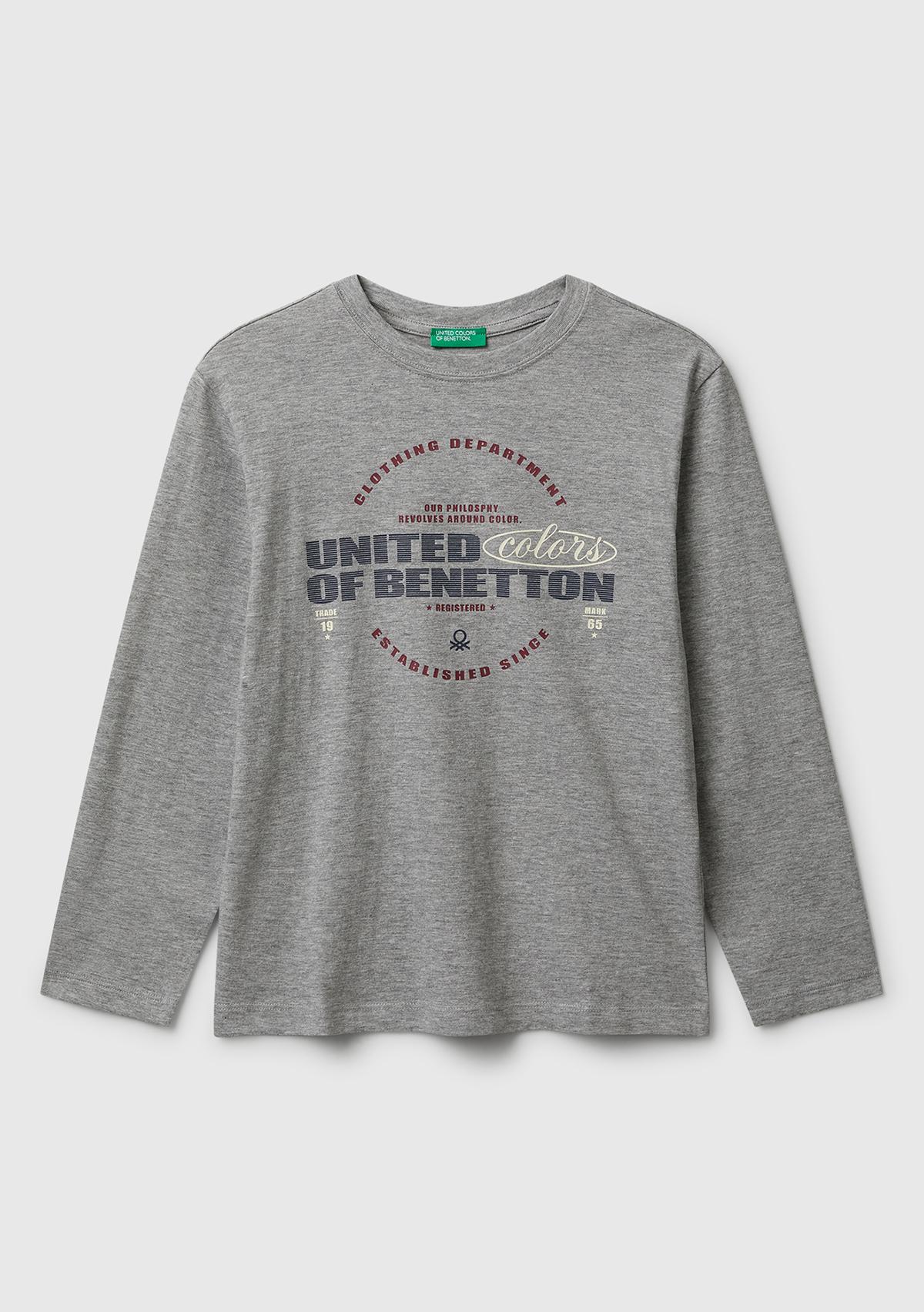 Erkek Çocuk Gri Melanj Önü Logo Baskılı Bisiklet Yaka Uzun Kollu T-shirt