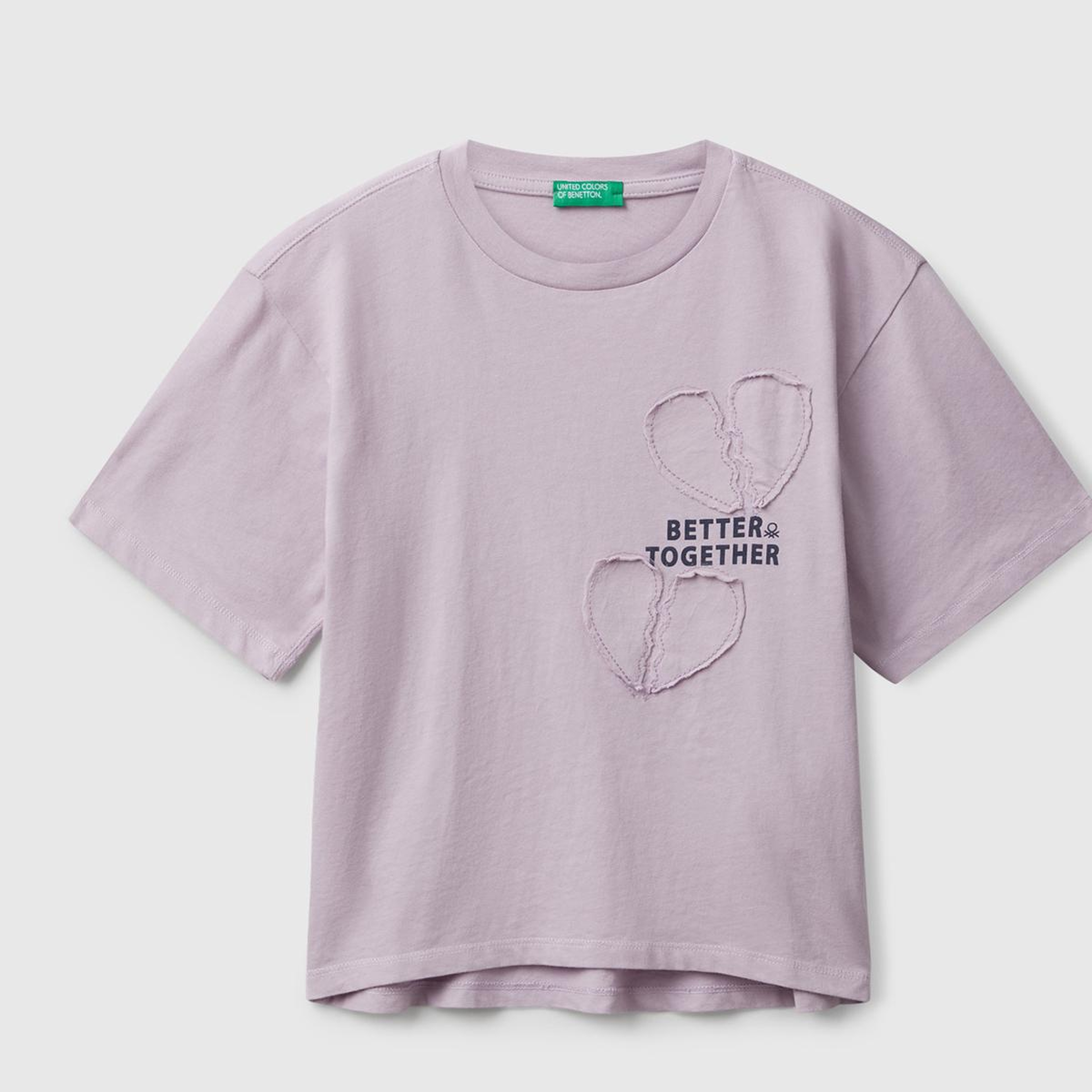 Kız Çocuk Lila Önü Baskılı Aplikeli Ribana Yakalı Relaxed Fit T-shirt