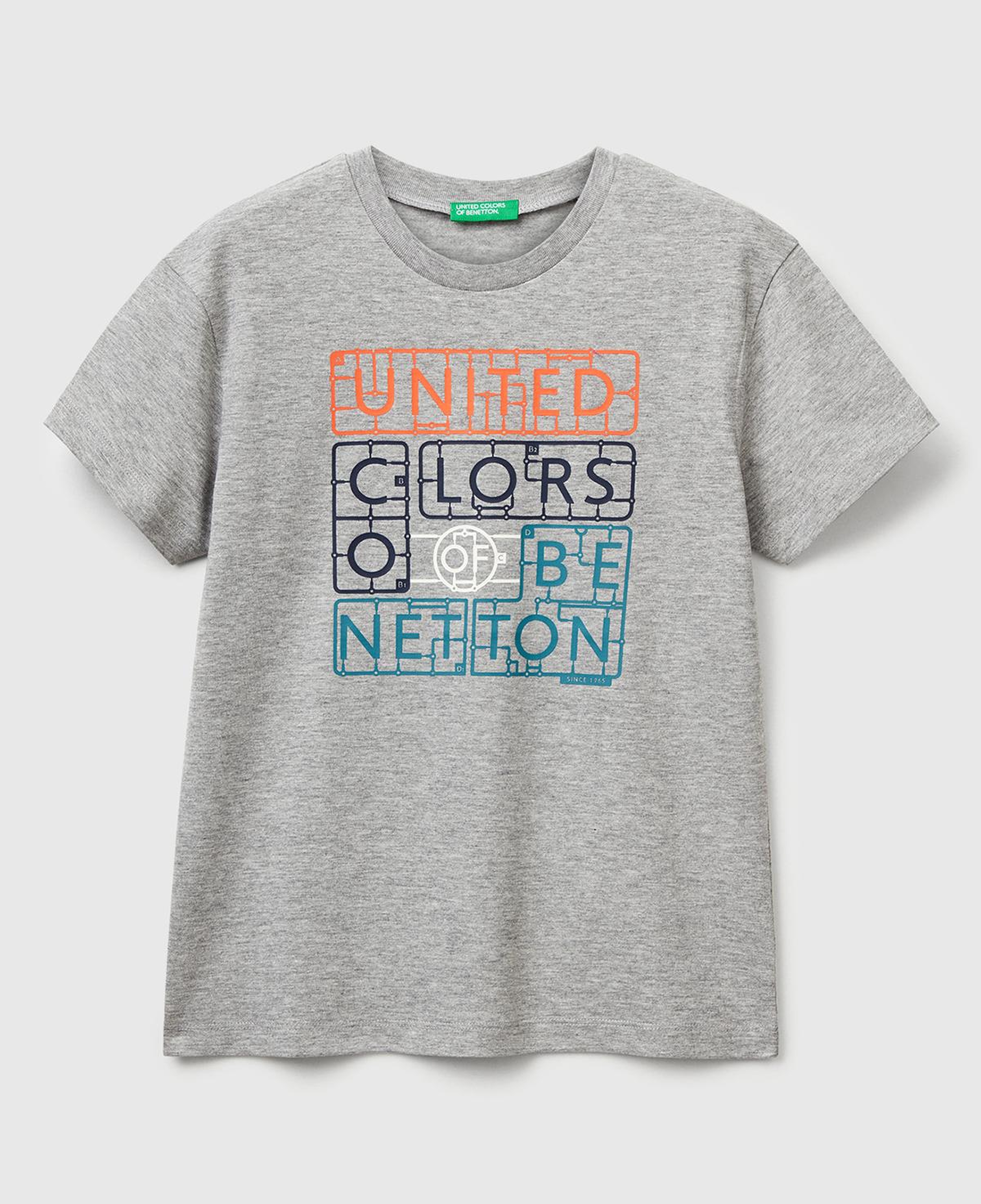 Erkek Çocuk Gri Melanj Önü Logo Baskılı Bisiklet Yaka T-shirt