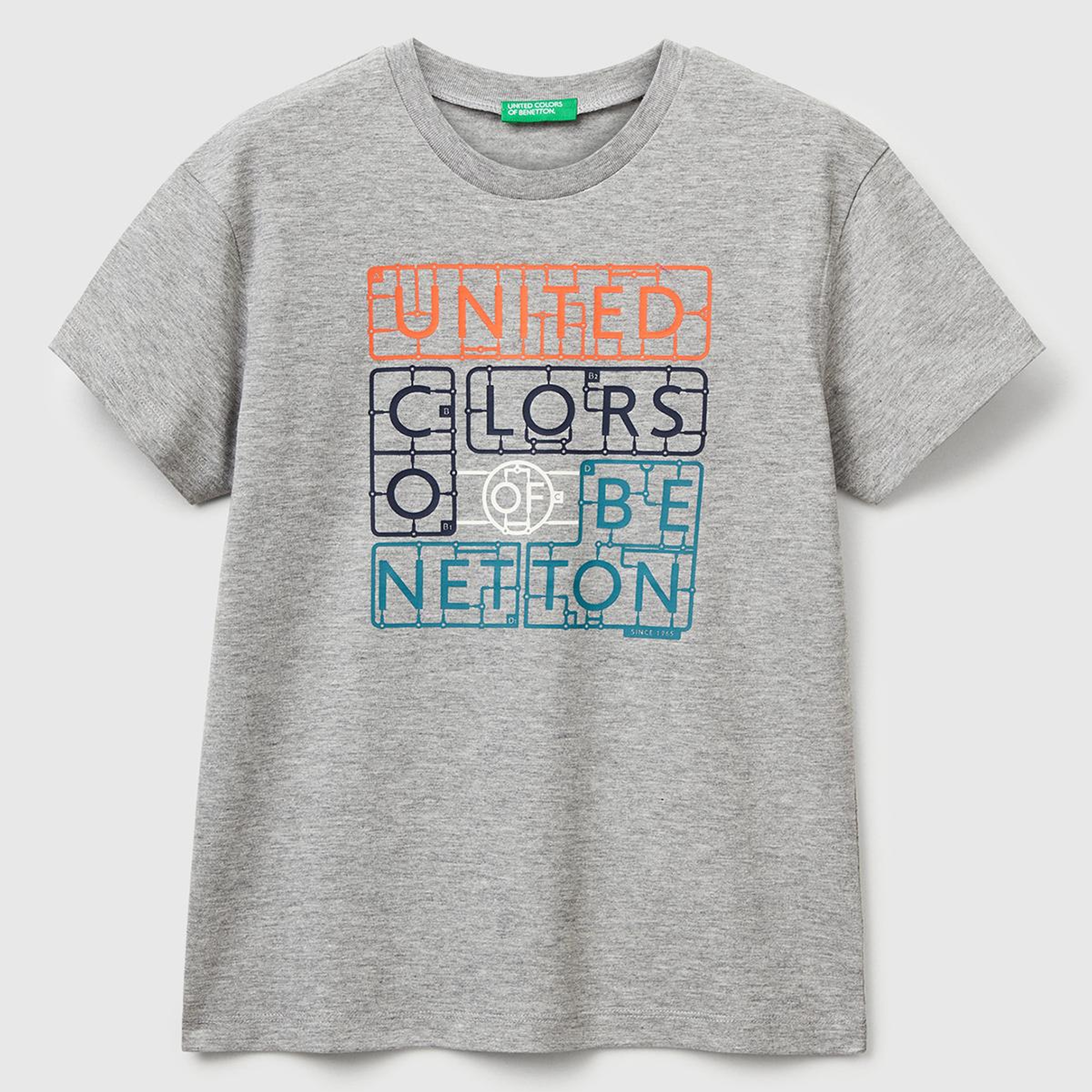 Erkek Çocuk Gri Melanj Önü Logo Baskılı Bisiklet Yaka T-shirt