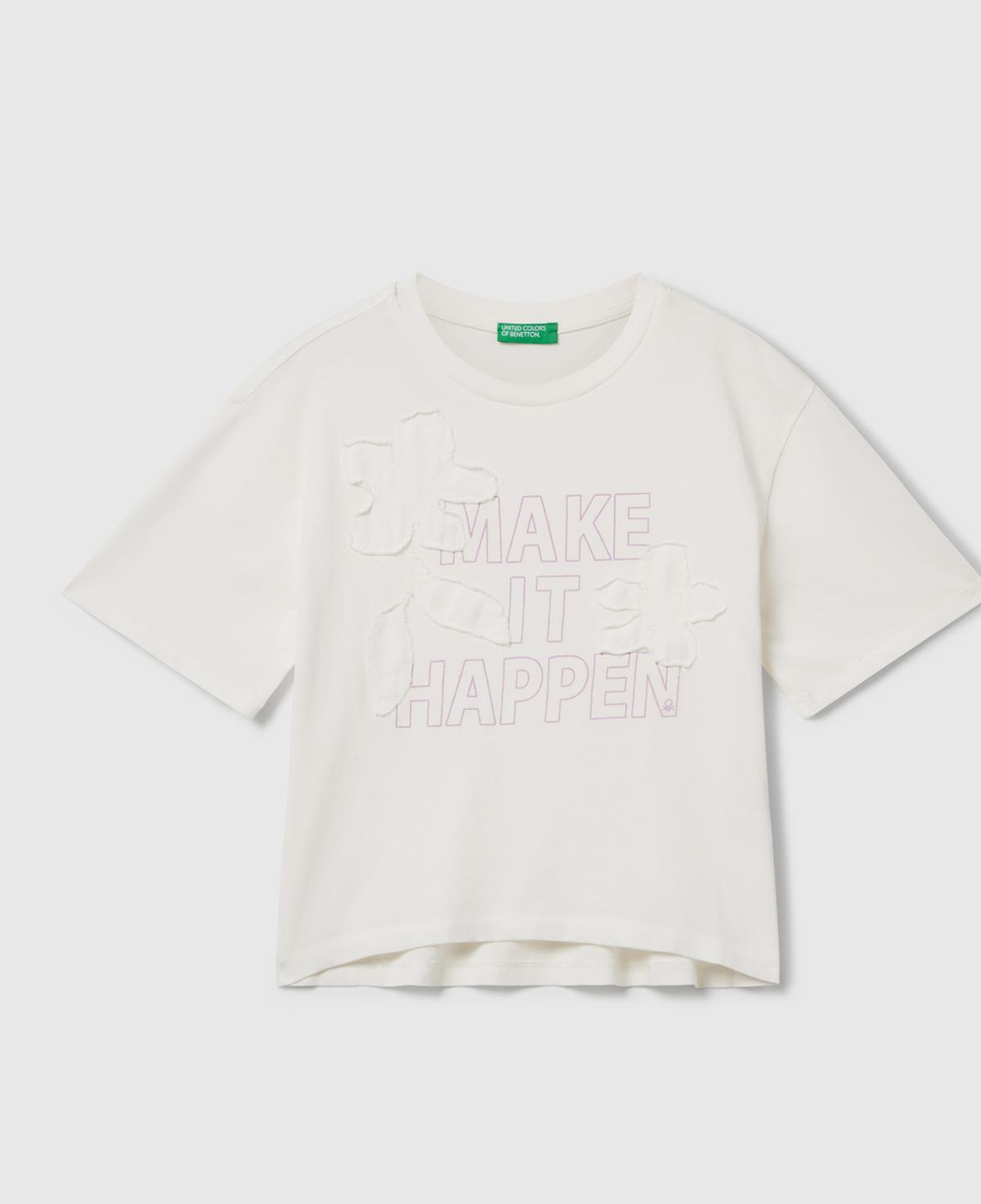 Kız Çocuk Ekru Önü Baskılı Aplikeli Ribana Yakalı Relaxed Fit T-shirt