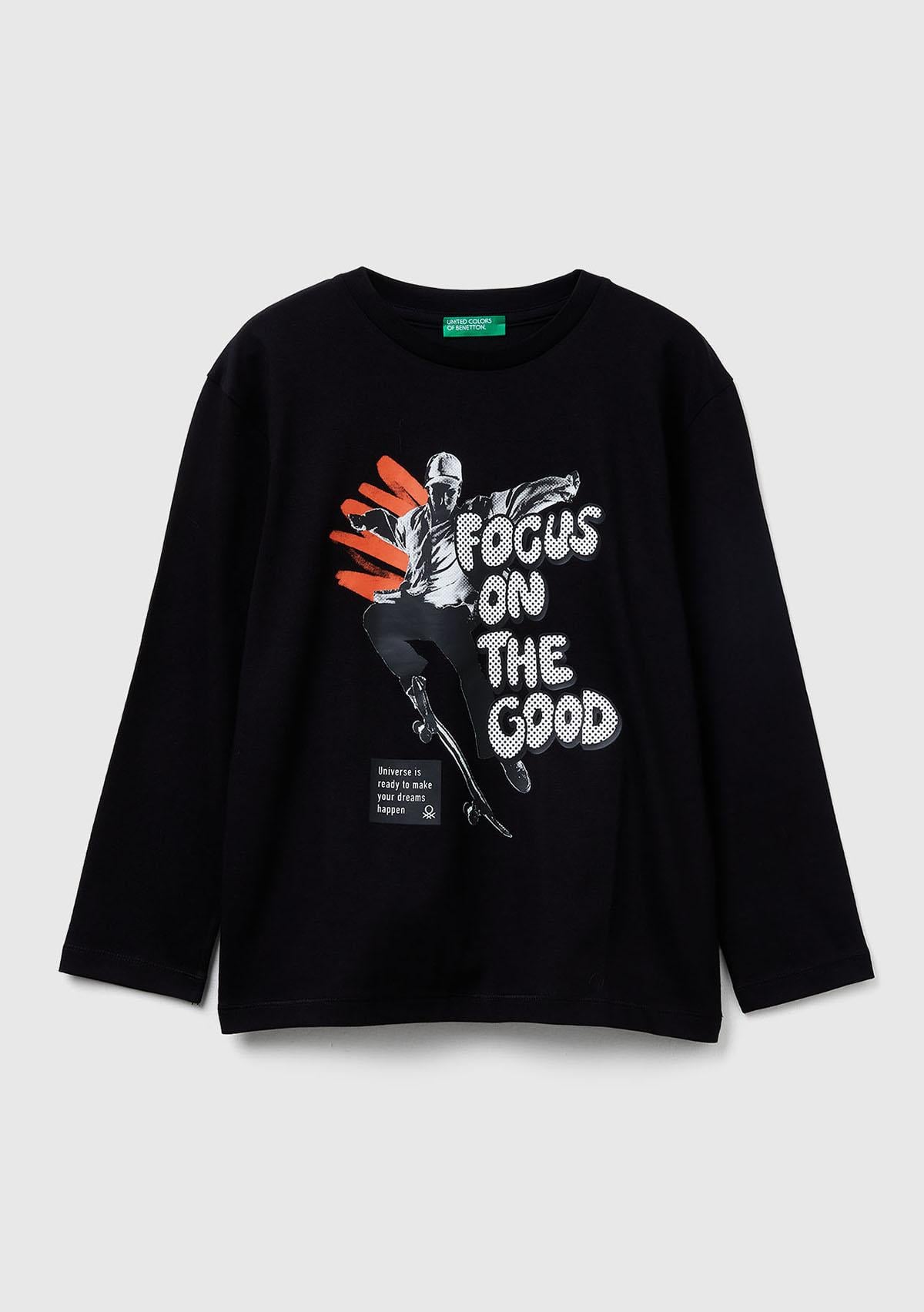 Erkek Çocuk Siyah Önü Baskılı Uzun Kollu T-shirt
